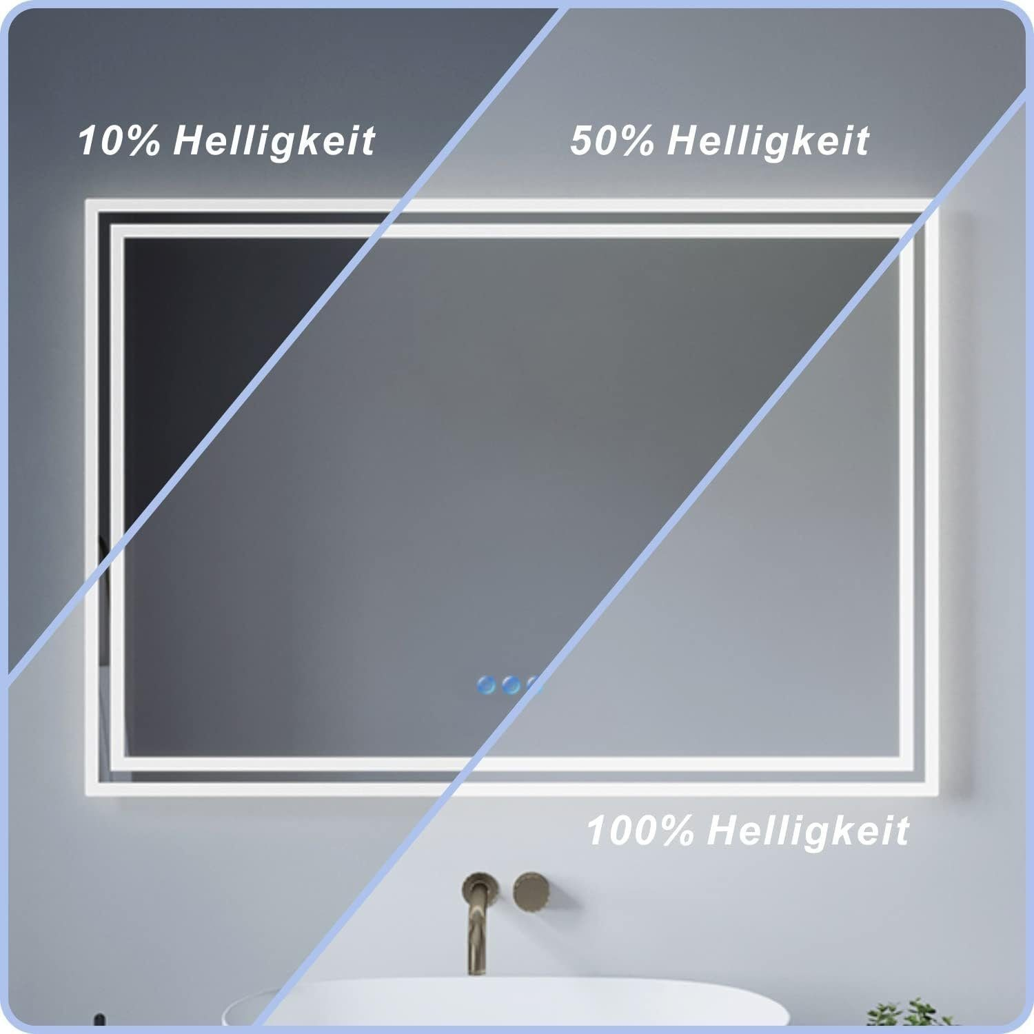 Ein beleuchteter Spiegel, der die Helligkeitsstufen 10 %, 50 % und 100 % zeigt.