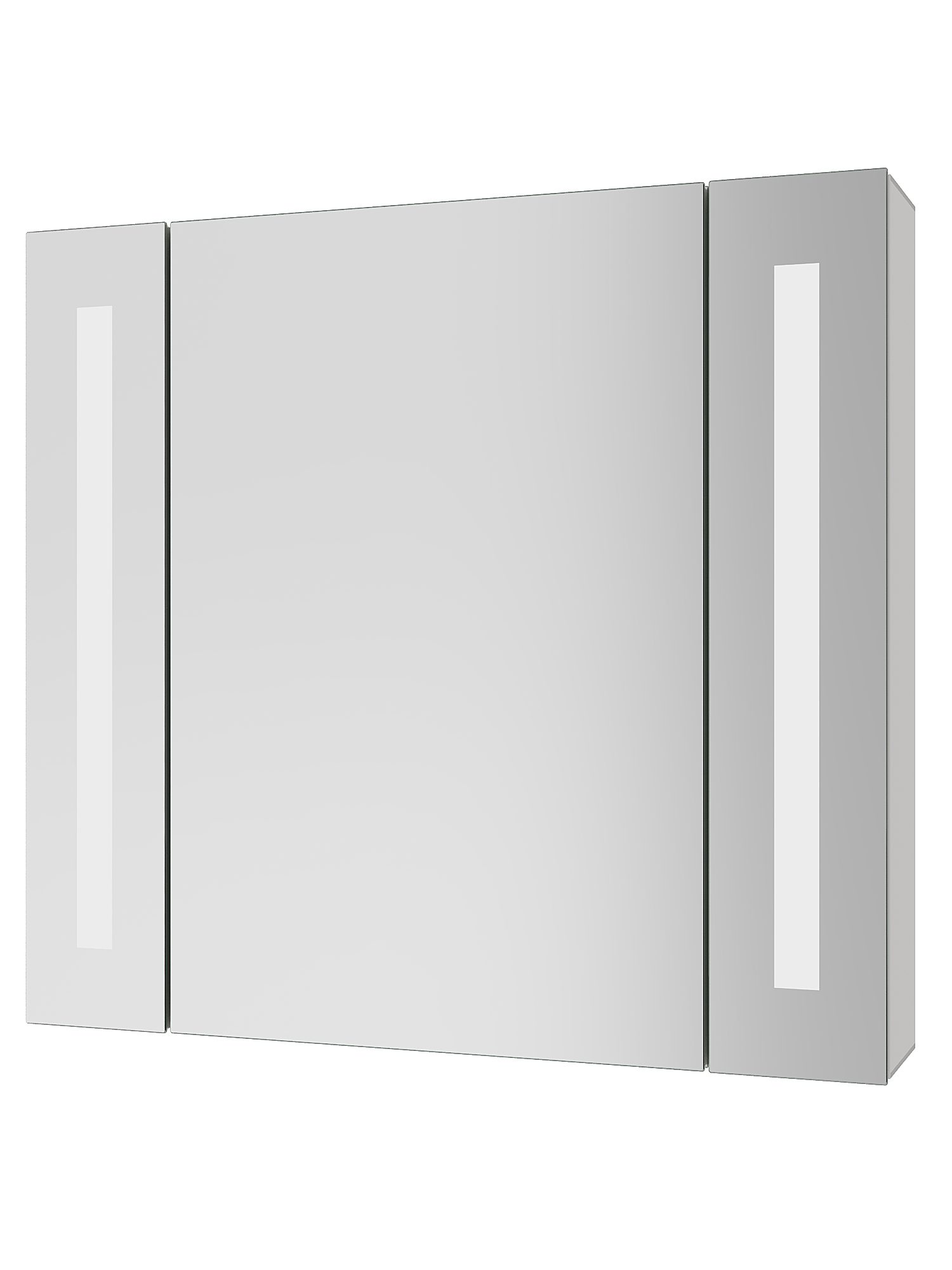 Ein weißer Badezimmerschrank mit Spiegeltür und zwei vertikalen Lichtern.