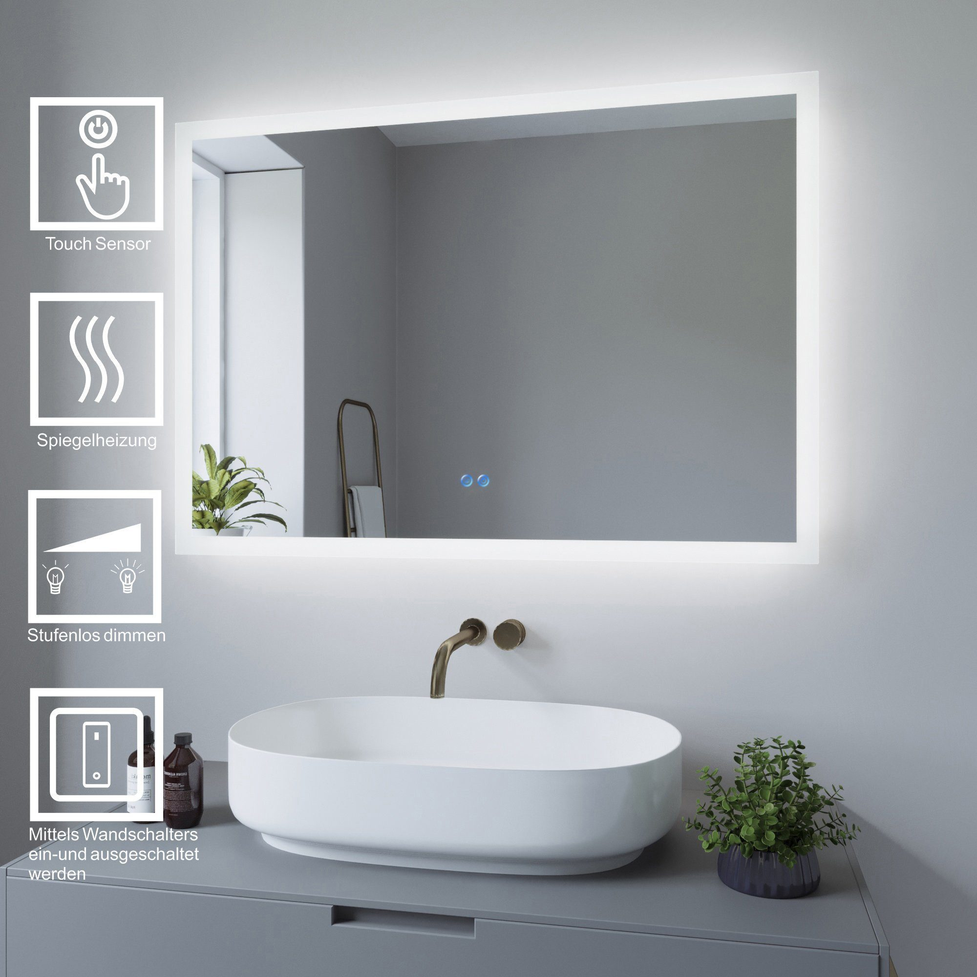 Ein moderner Badezimmerspiegel mit integrierter LED-Beleuchtung, Berührungssensor und Antibeschlag-Funktionen über einem Waschbecken.