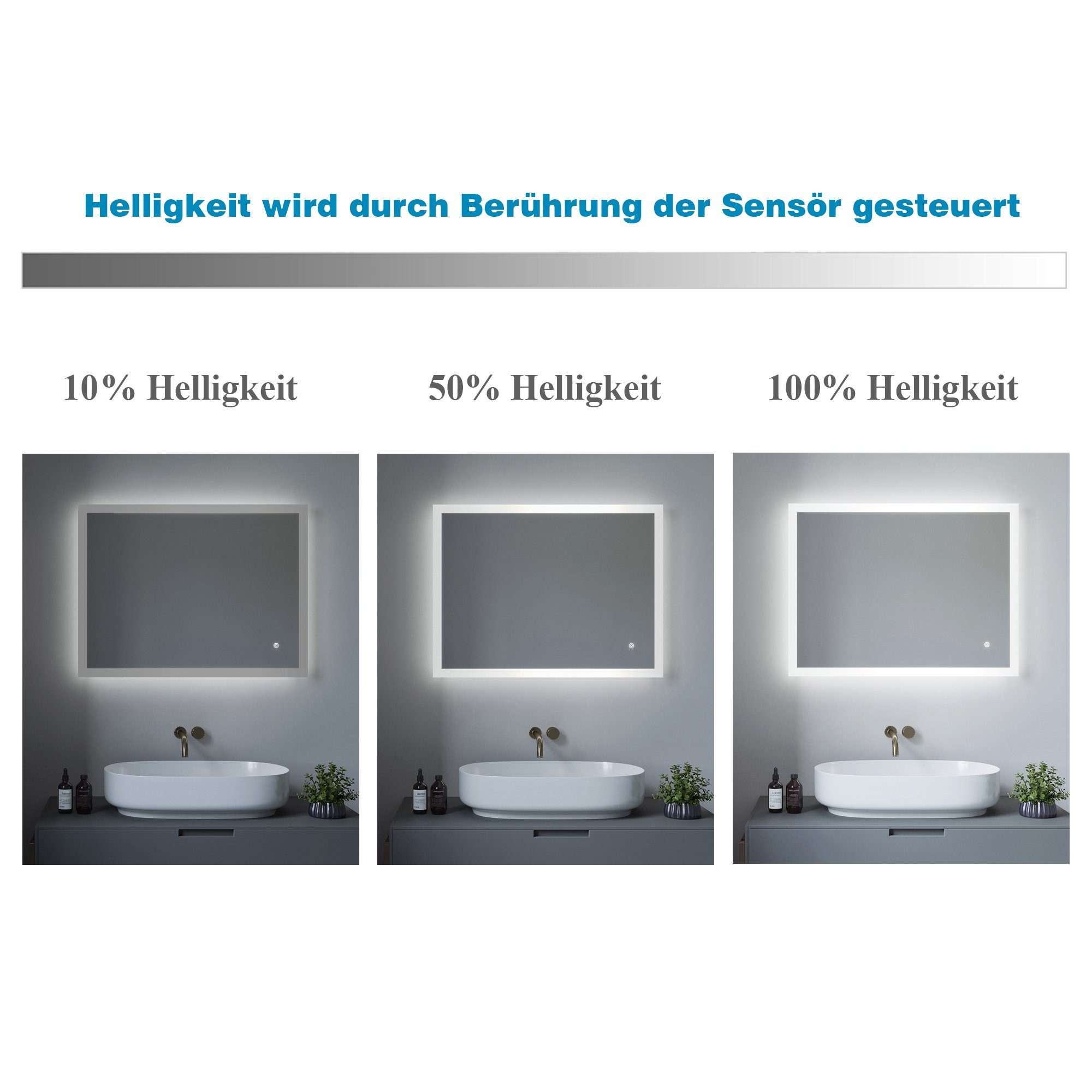 Drei rechteckige Spiegel mit unterschiedlichen Helligkeitsstufen. Helligkeit durch Berührung steuerbar. Bad-Szene.