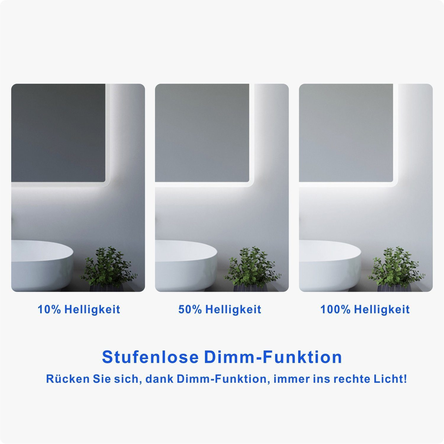 Drei Bilder, die eine beleuchtete Wand mit unterschiedlichen Helligkeitsstufen zeigen: 10 %, 50 % und 100 %.