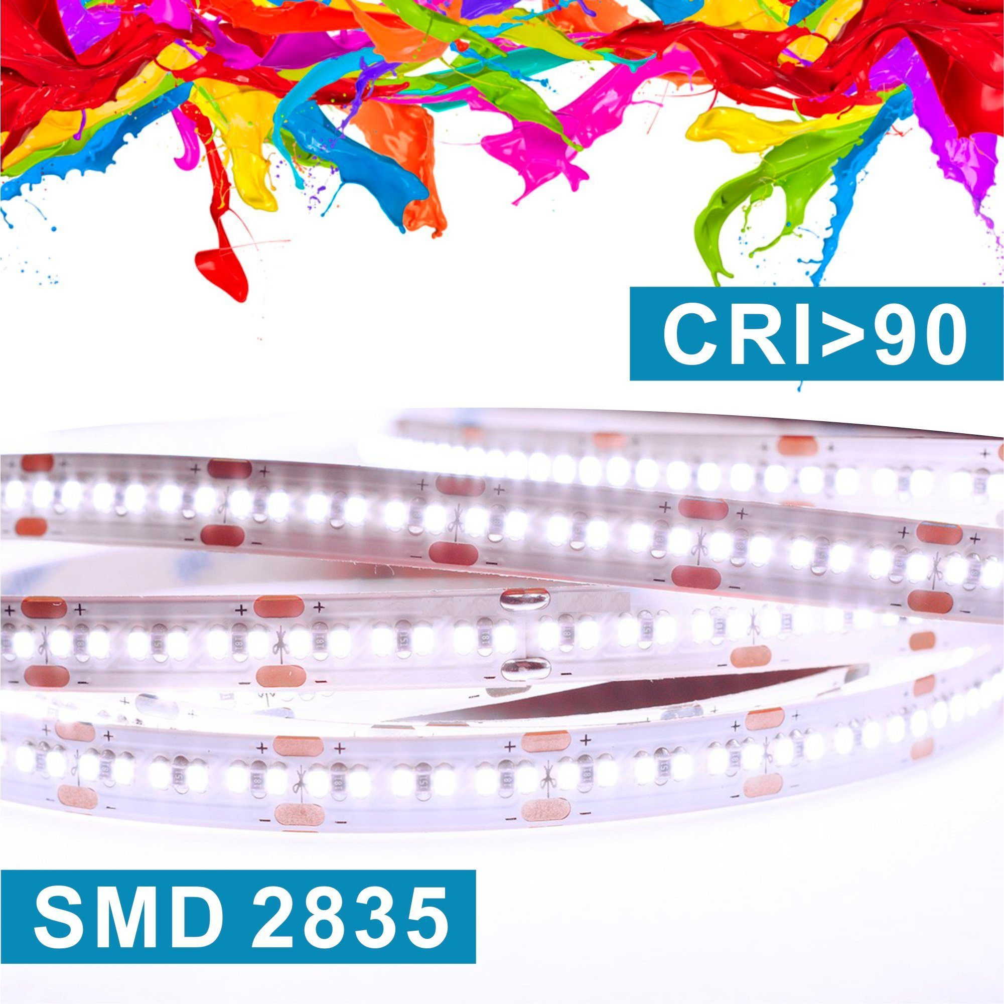Ein weißer LED-Lichtstreifen mit den Worten SMD 2835. Oben befinden sich bunte Farbspritzer.