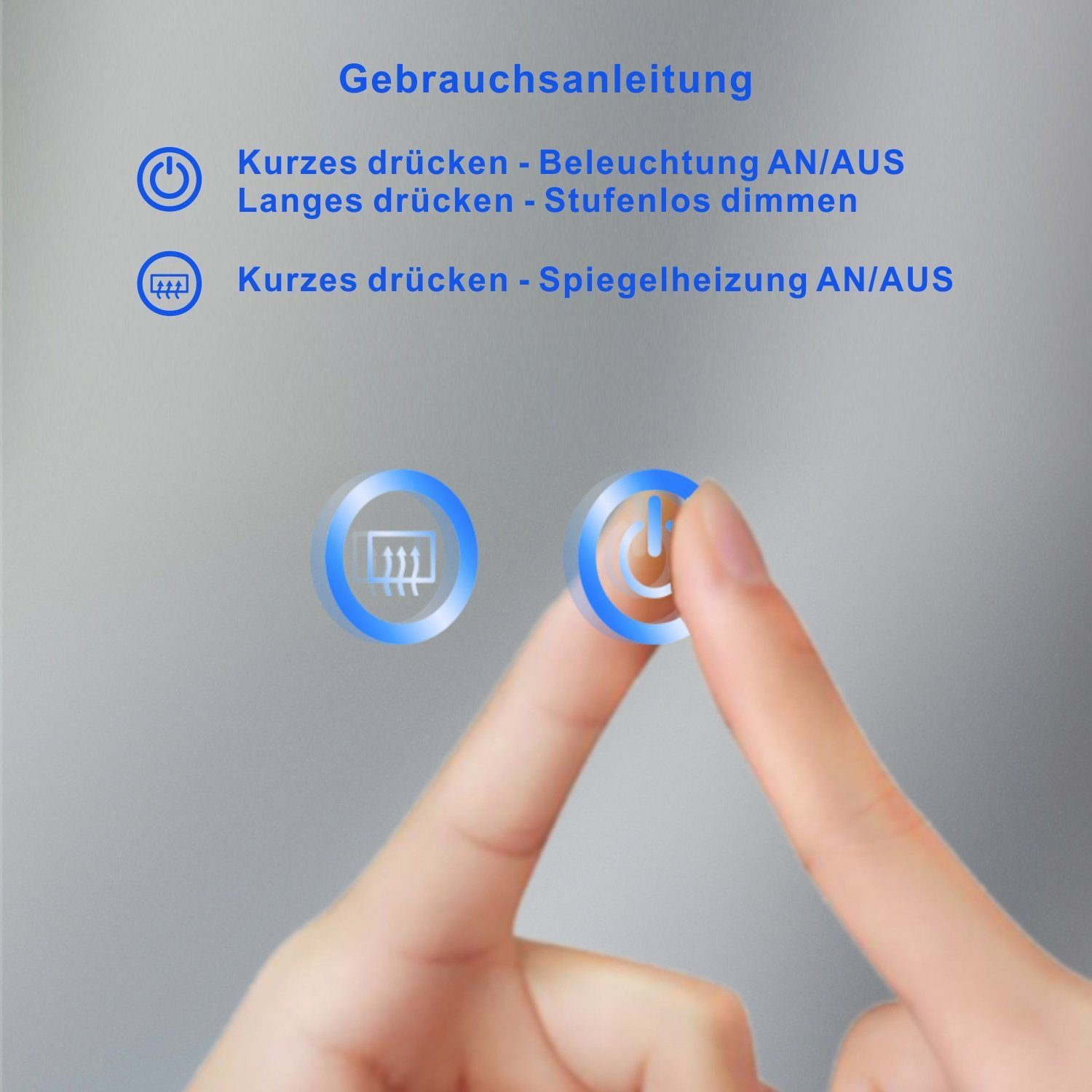 Finger drückt Knopf auf Spiegel. Spiegel hat zwei Knöpfe und Gebrauchsanweisung darüber.