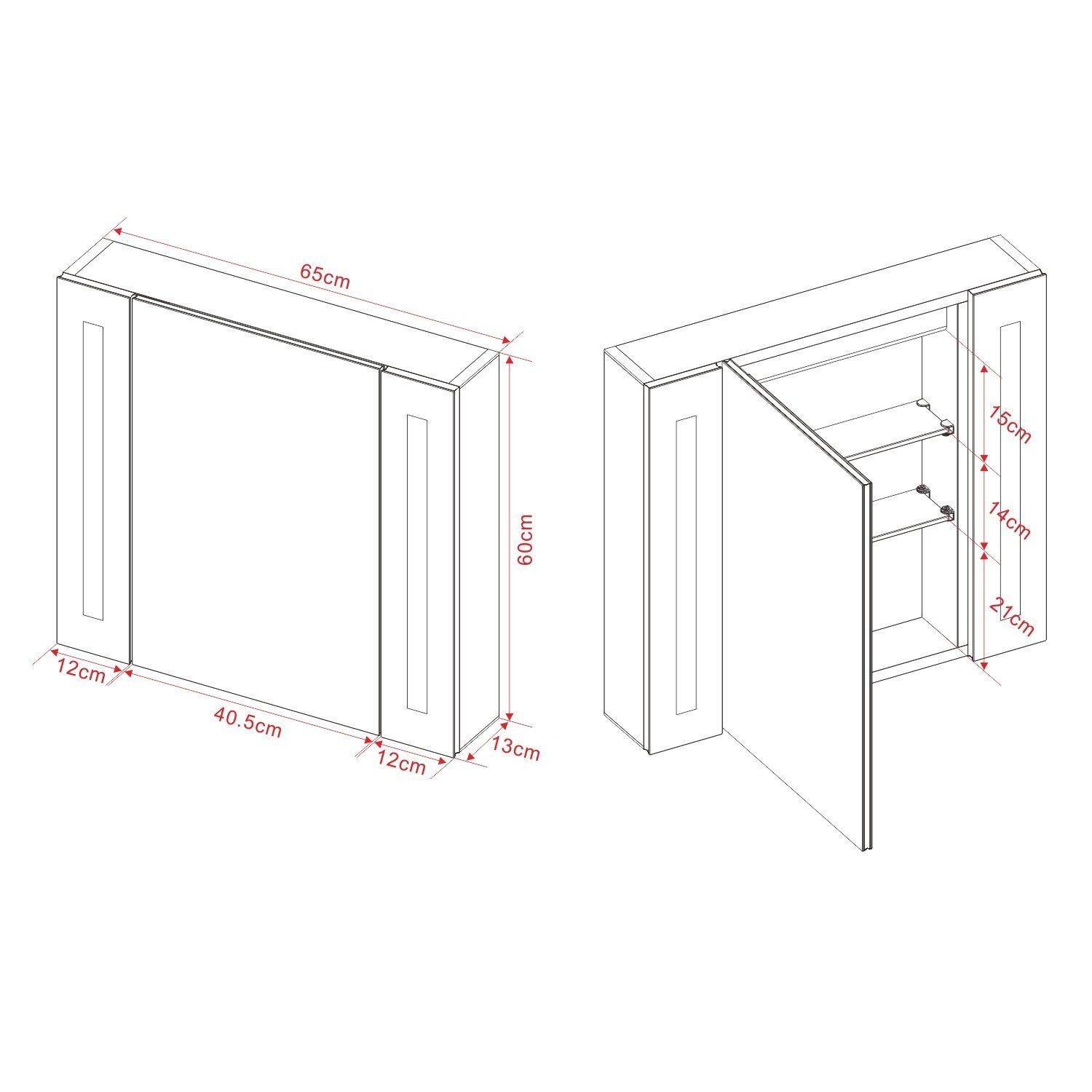 Badezimmerschrank mit zwei Türen und Innenregalen. Maße sind mit Pfeilen angegeben.