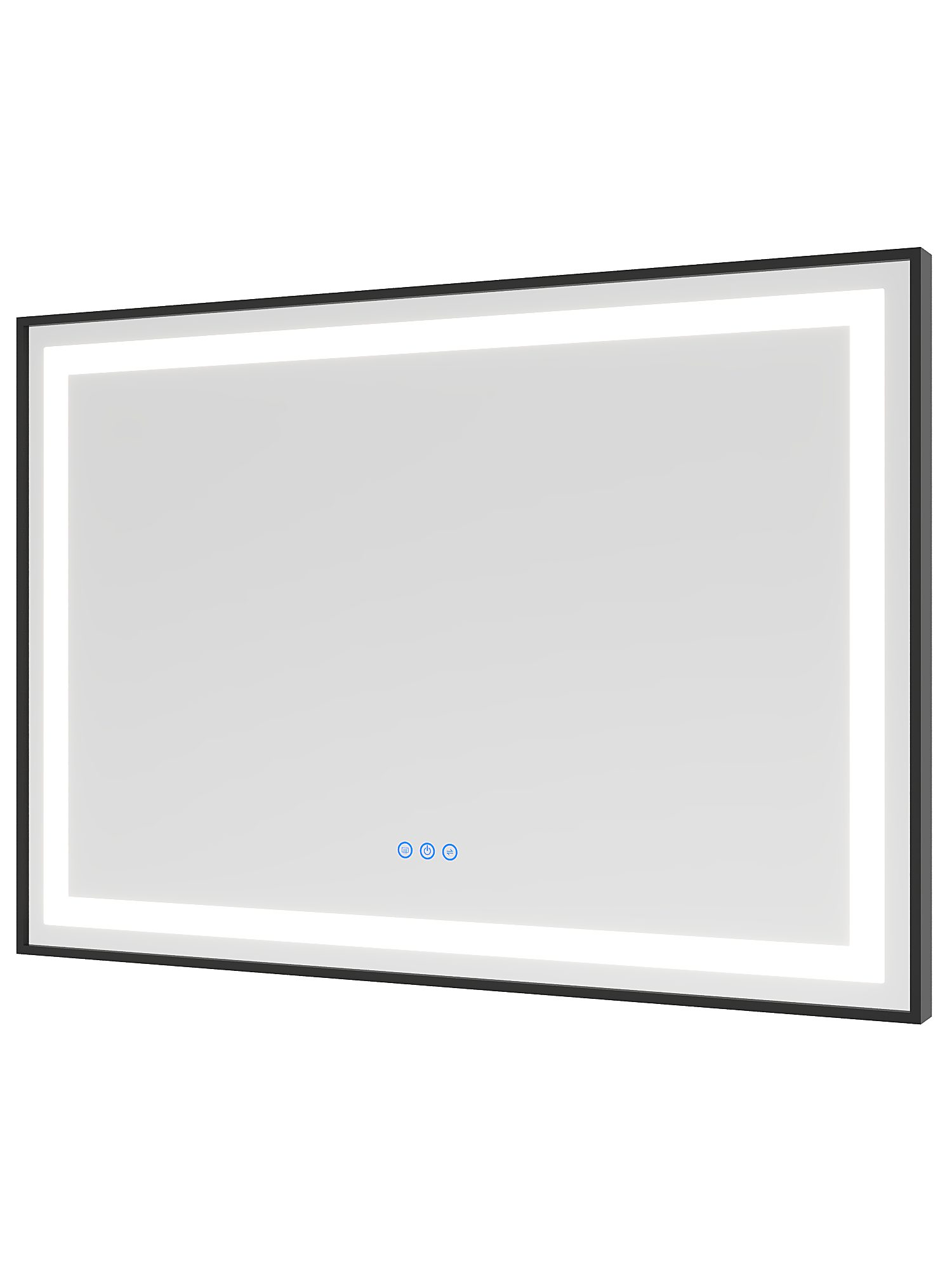 Rechteckiger Spiegel mit schwarzem Rahmen und LED-Leuchten. Es gibt drei blaue Touch-Tasten.