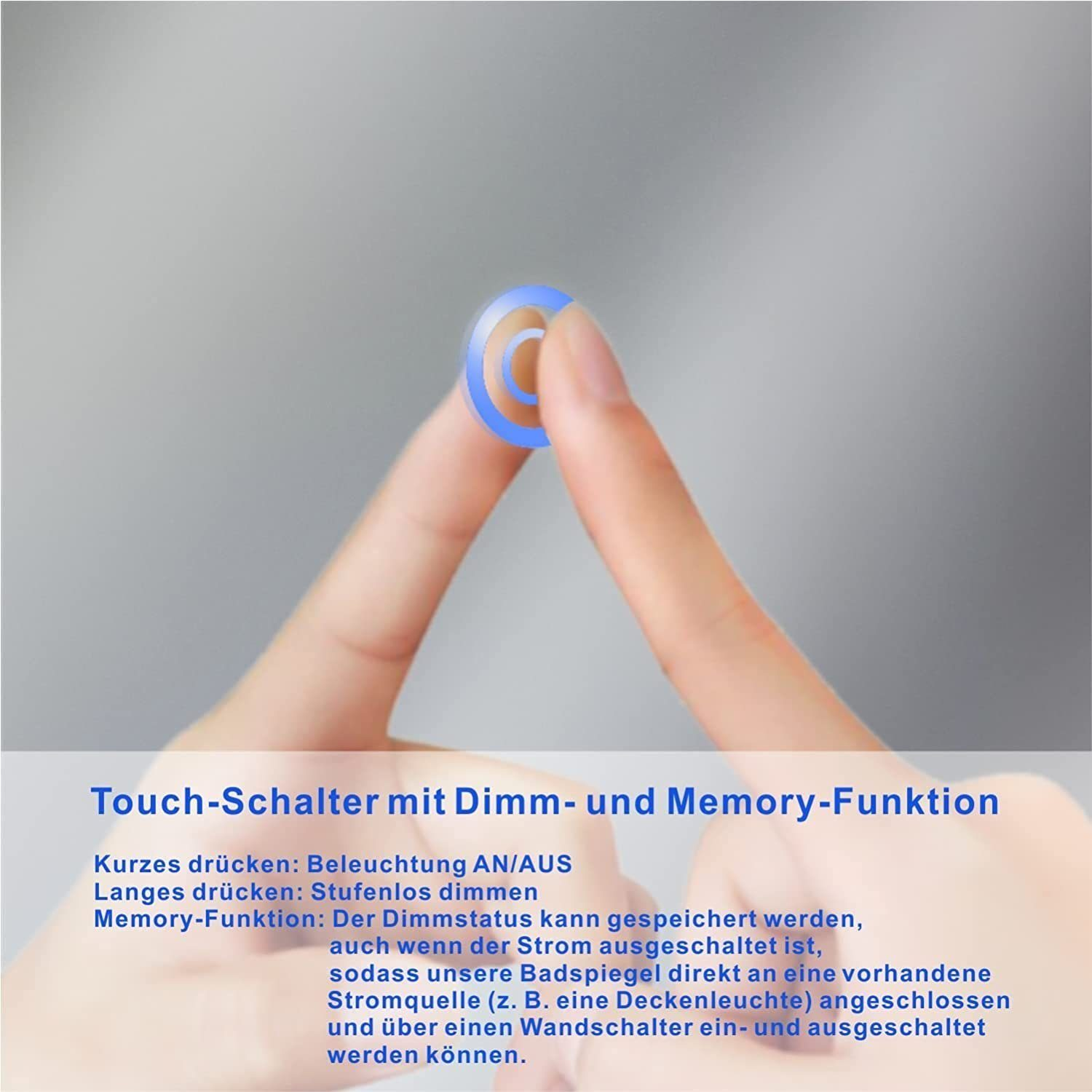 Ein Finger berührt einen dimmbaren Touch-Schalter mit blauem Ring. Text erklärt die Dimm- und Speicherfunktion.