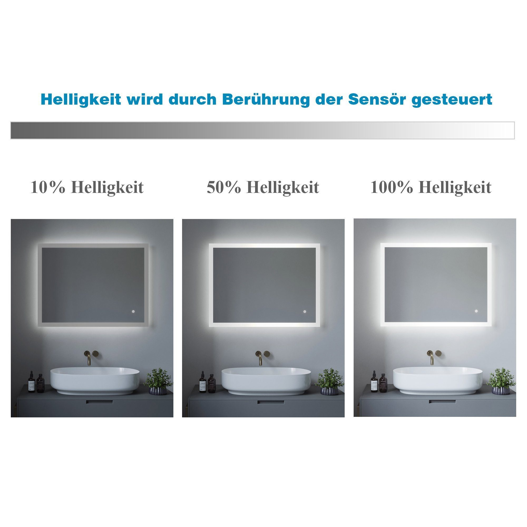 Drei Bilder zeigen Badezimmerspiegel mit unterschiedlichen Helligkeitsstufen.