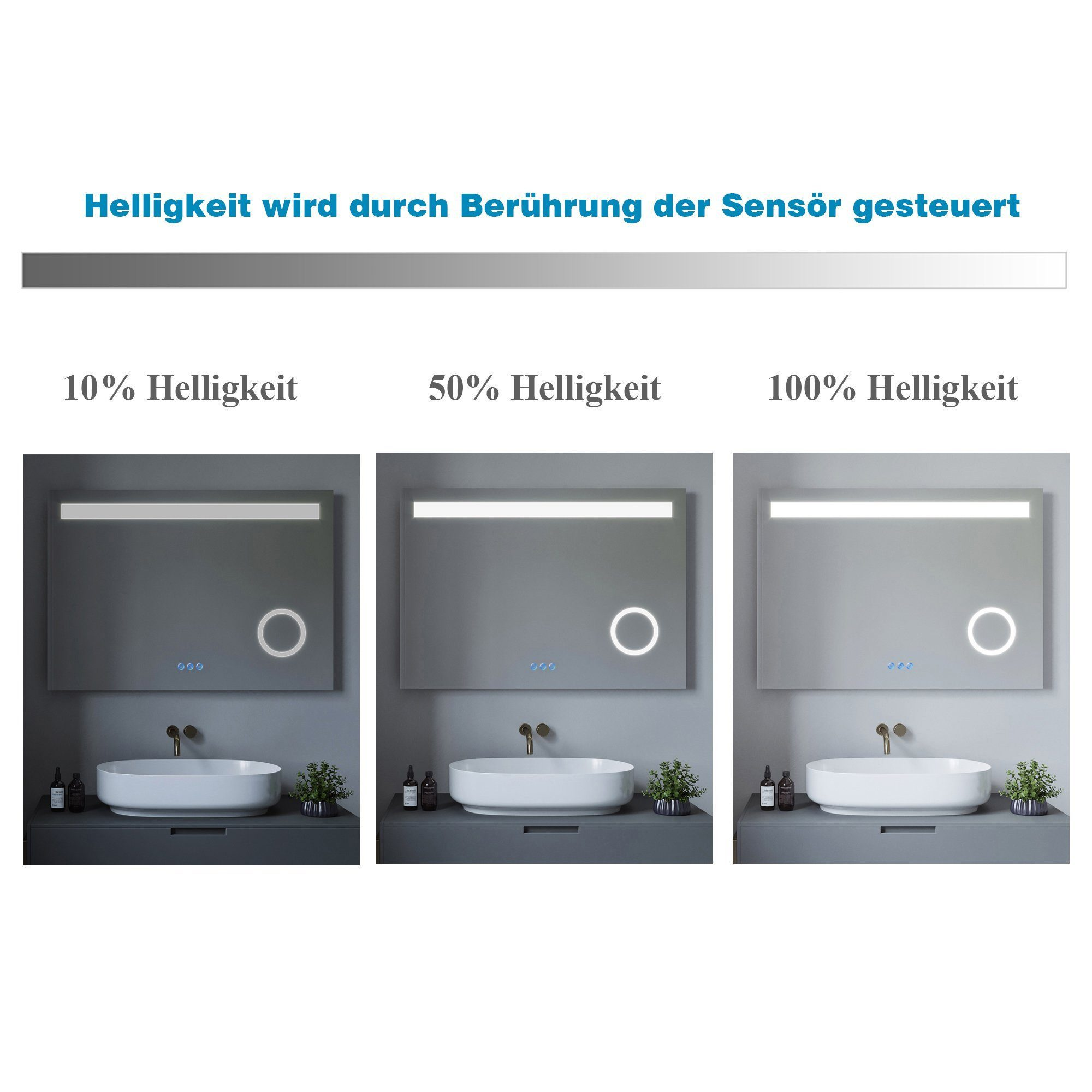 Spiegel mit unterschiedlichen Helligkeitseinstellungen, zeigt 10%, 50% und 100%.