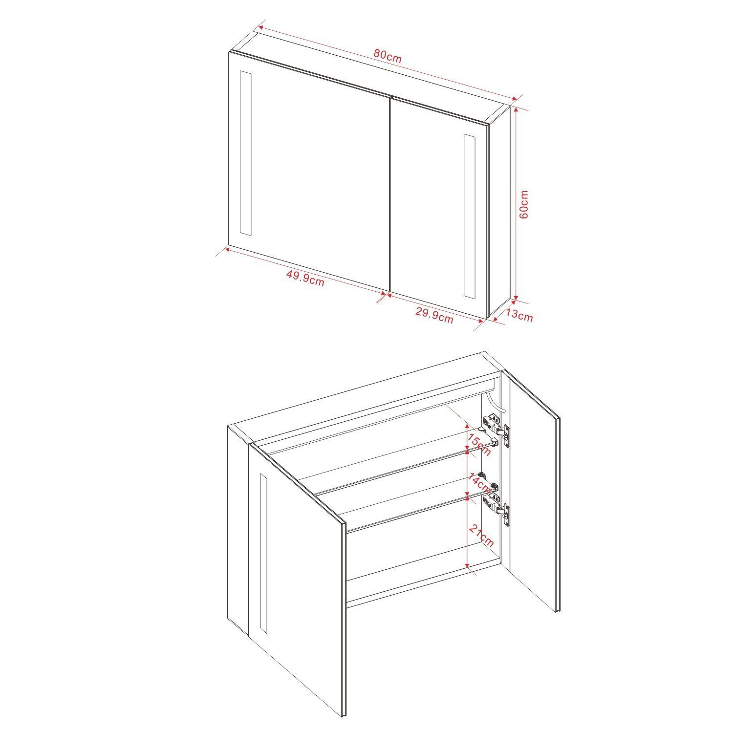 Ein Diagramm zeigt einen Schrank mit zwei Türen und Abmessungen. Er ist geöffnet, um die Innenregale zu zeigen.