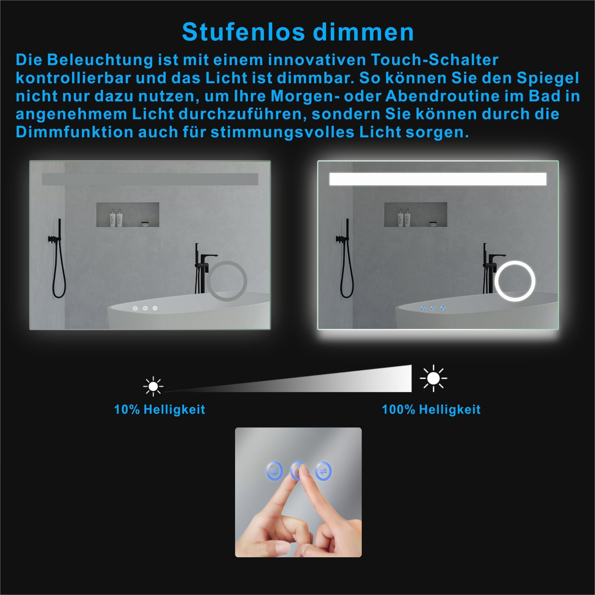 Ein Badezimmerspiegel mit einstellbaren Beleuchtungsstufen, zeigt gedämpfte und helle Einstellungen.