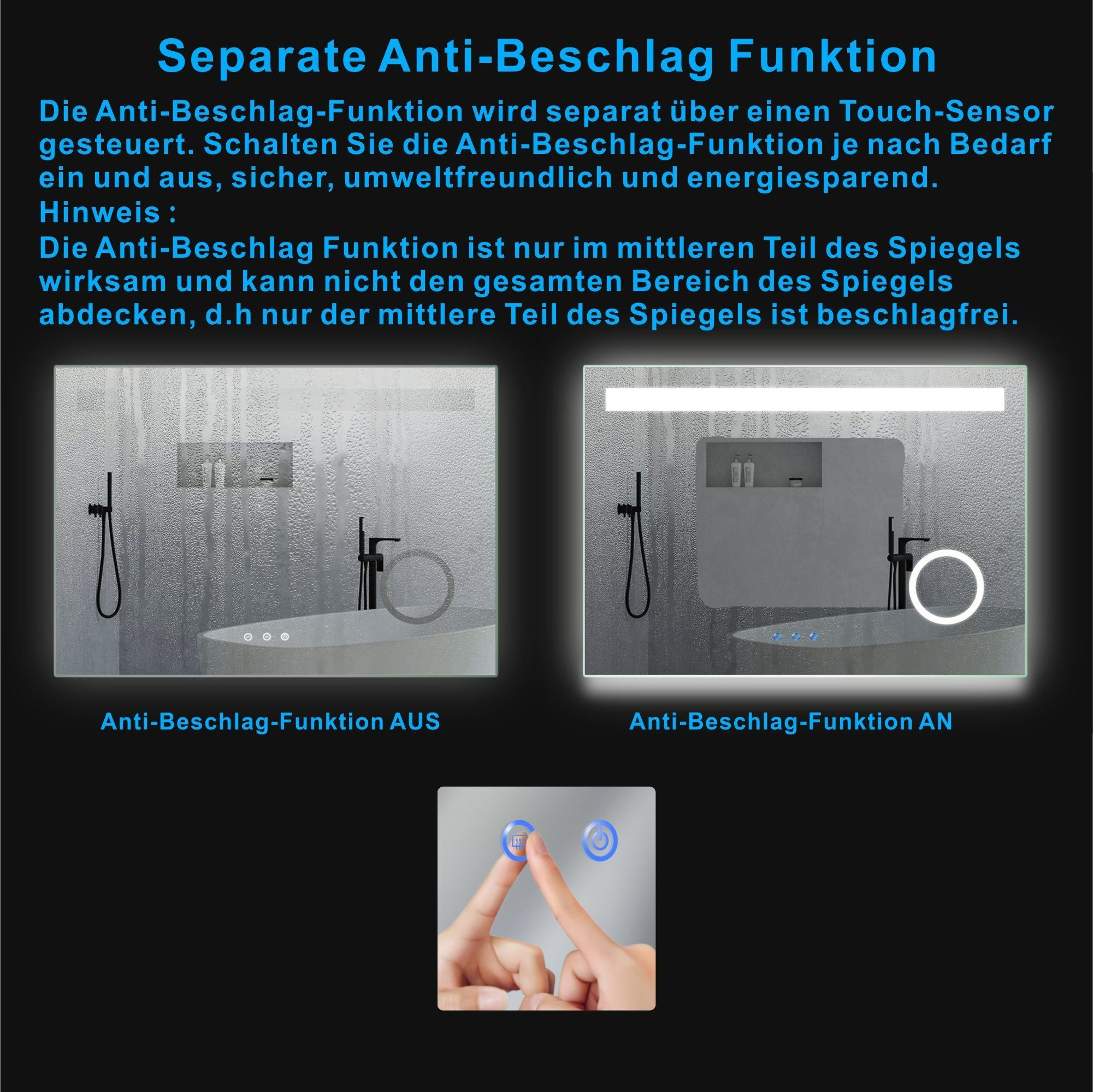 Diagramm eines Spiegels mit und ohne Antibeschlagfunktion. Hände berühren den Touch-Sensor des Spiegels. Texte sind auf Deutsch.