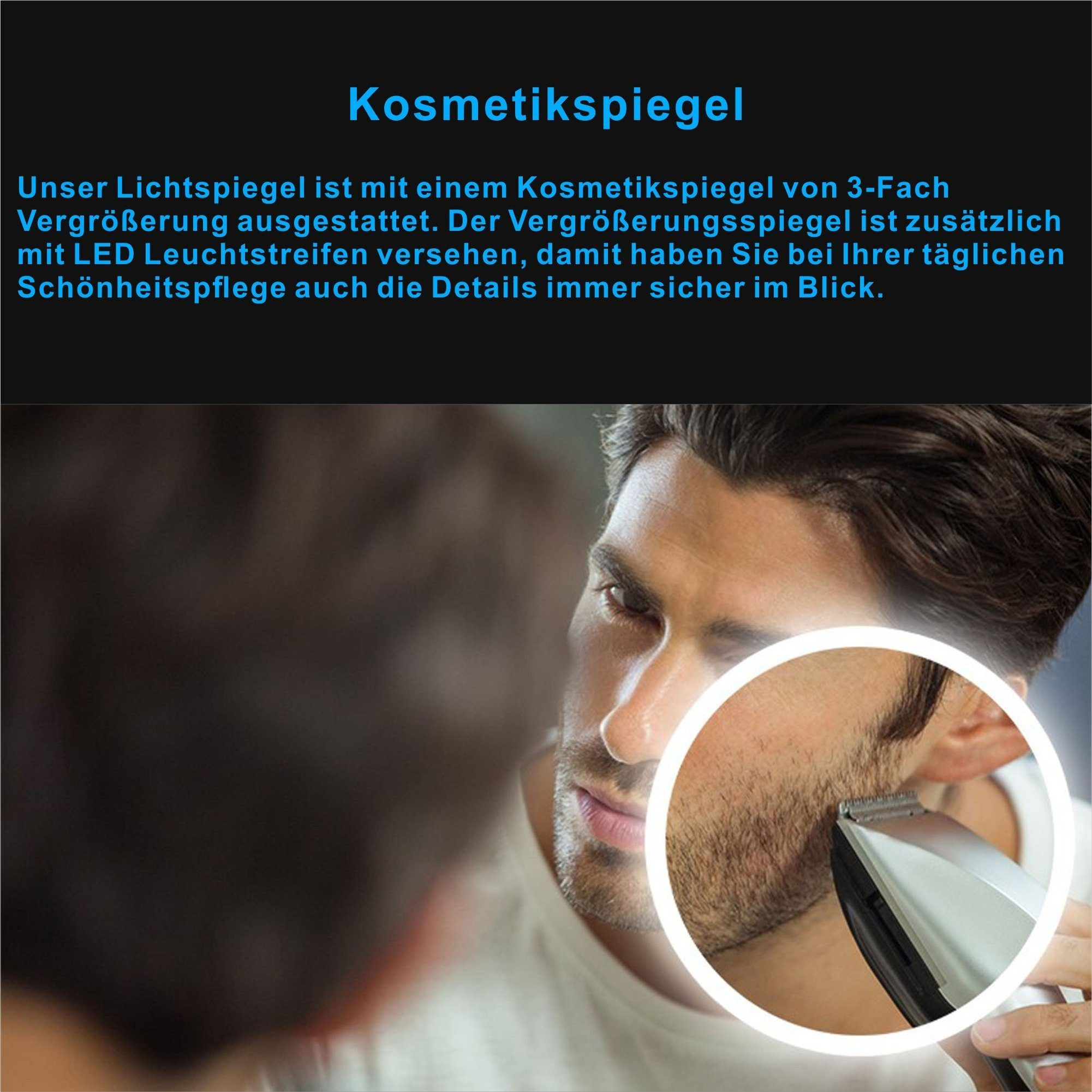 Ein Mann rasiert seinen Bart mit einem Trimmer, im Spiegel reflektiert.
