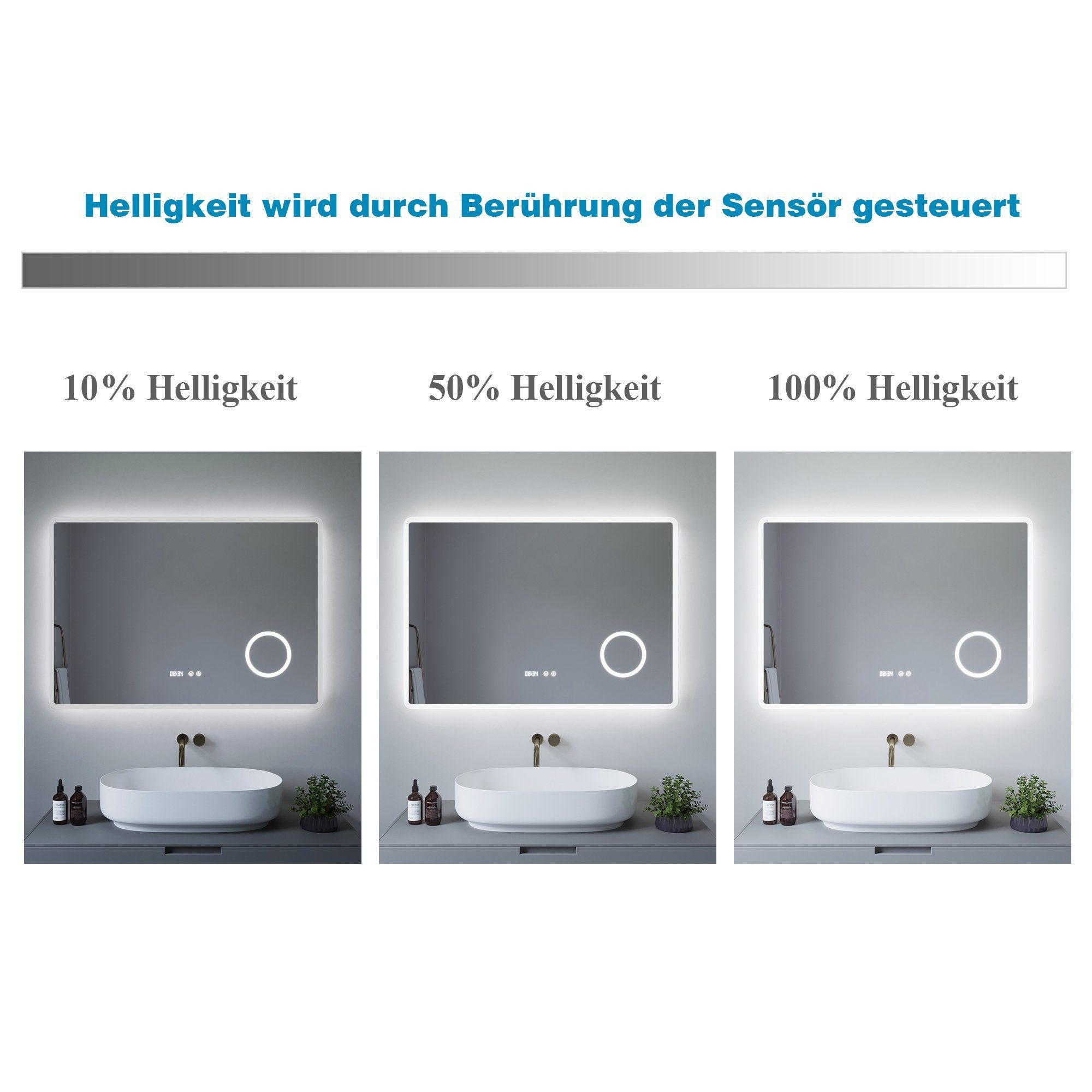 Drei Bilder eines Spiegels mit unterschiedlichen Helligkeitsstufen, gesteuert durch Berührung.