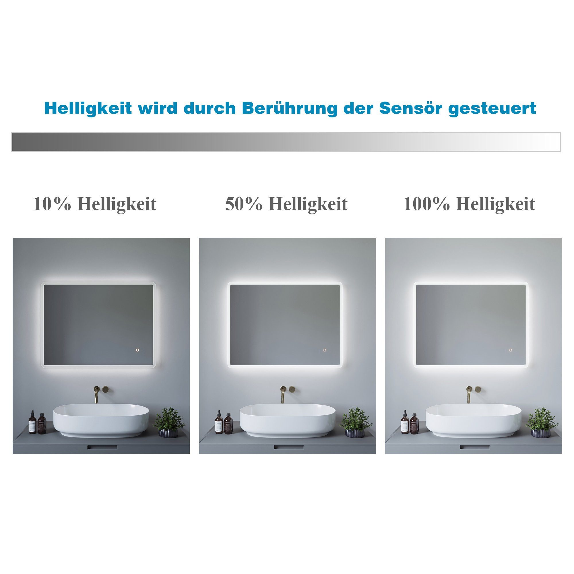 Drei Spiegel, die Helligkeitsstufen zeigen, mit einem Waschbecken und dekorativen Gegenständen darunter.