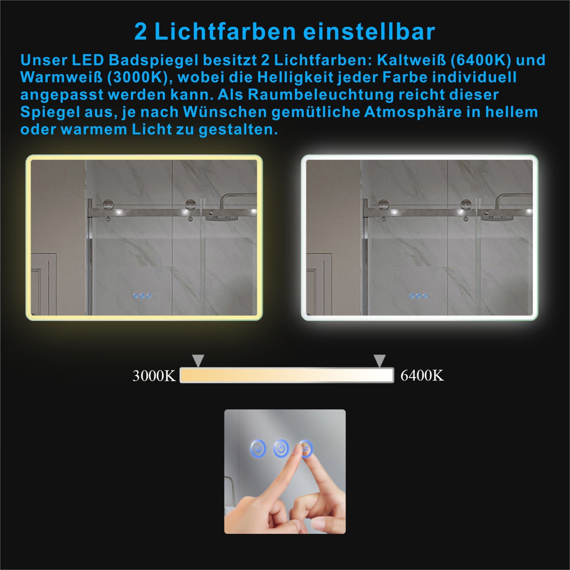 Zwei Spiegel mit verschiedenen Lichtfarboptionen. Eine Hand berührt die Bedienelemente unten.