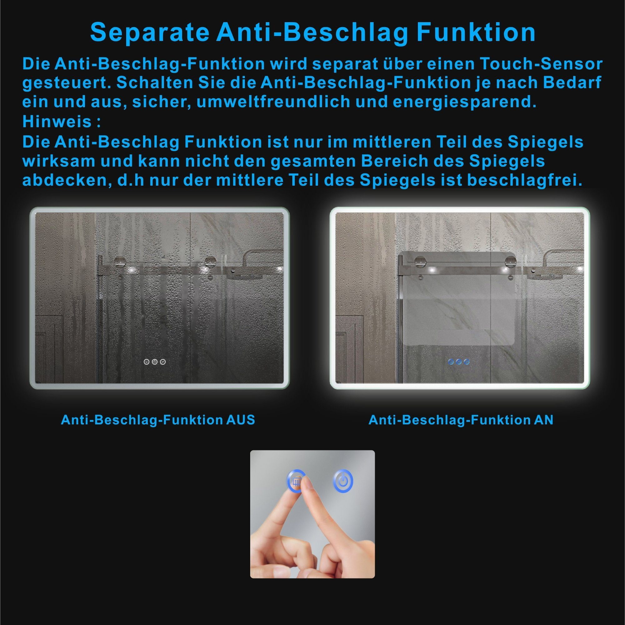 Diagramm zur Antibeschlag-Funktion an einem Spiegel, mit Berührungssensor.