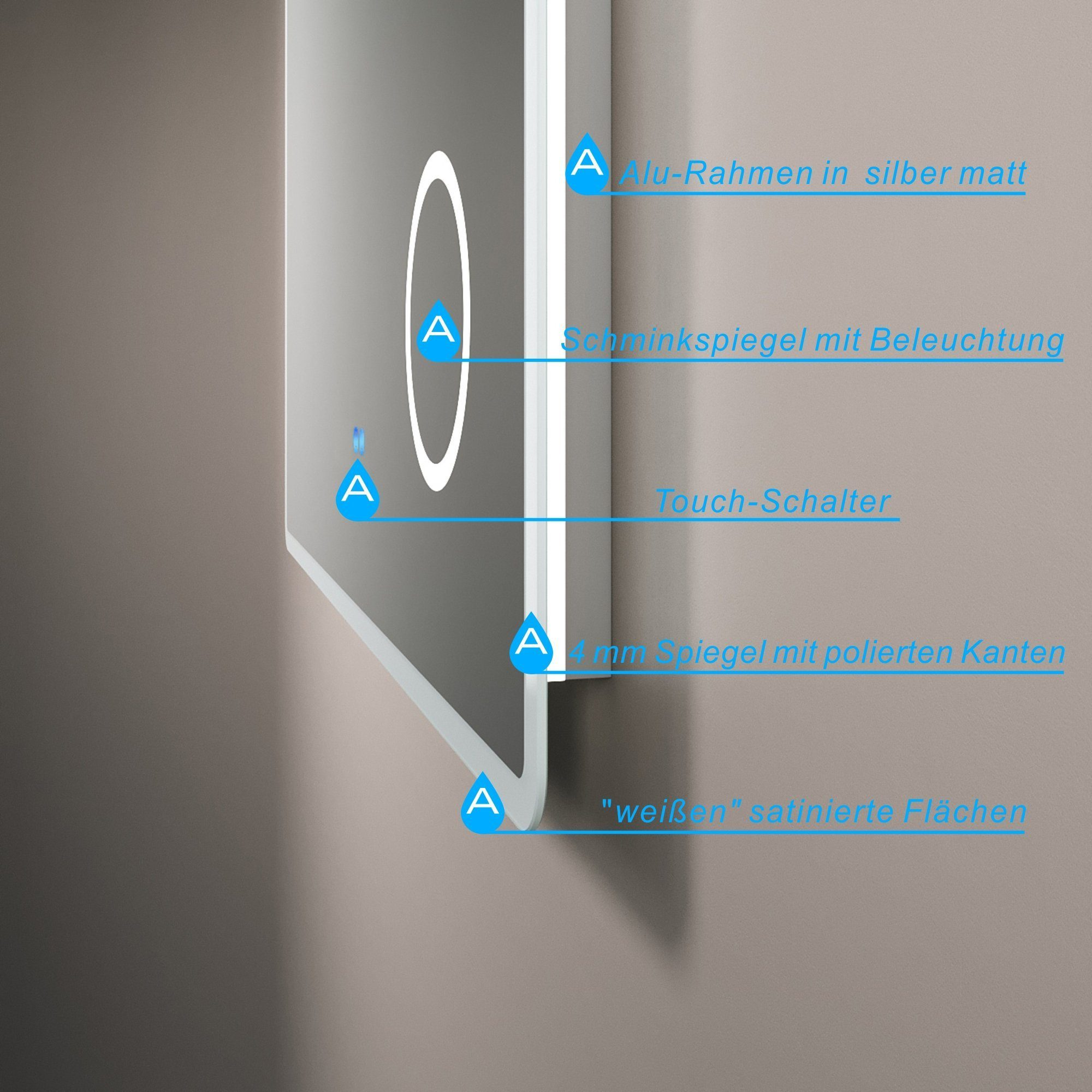 Ein Spiegel mit Licht um den Rand. Zeigt Details der Spiegelfunktionen und Touch-Schalter-Details.