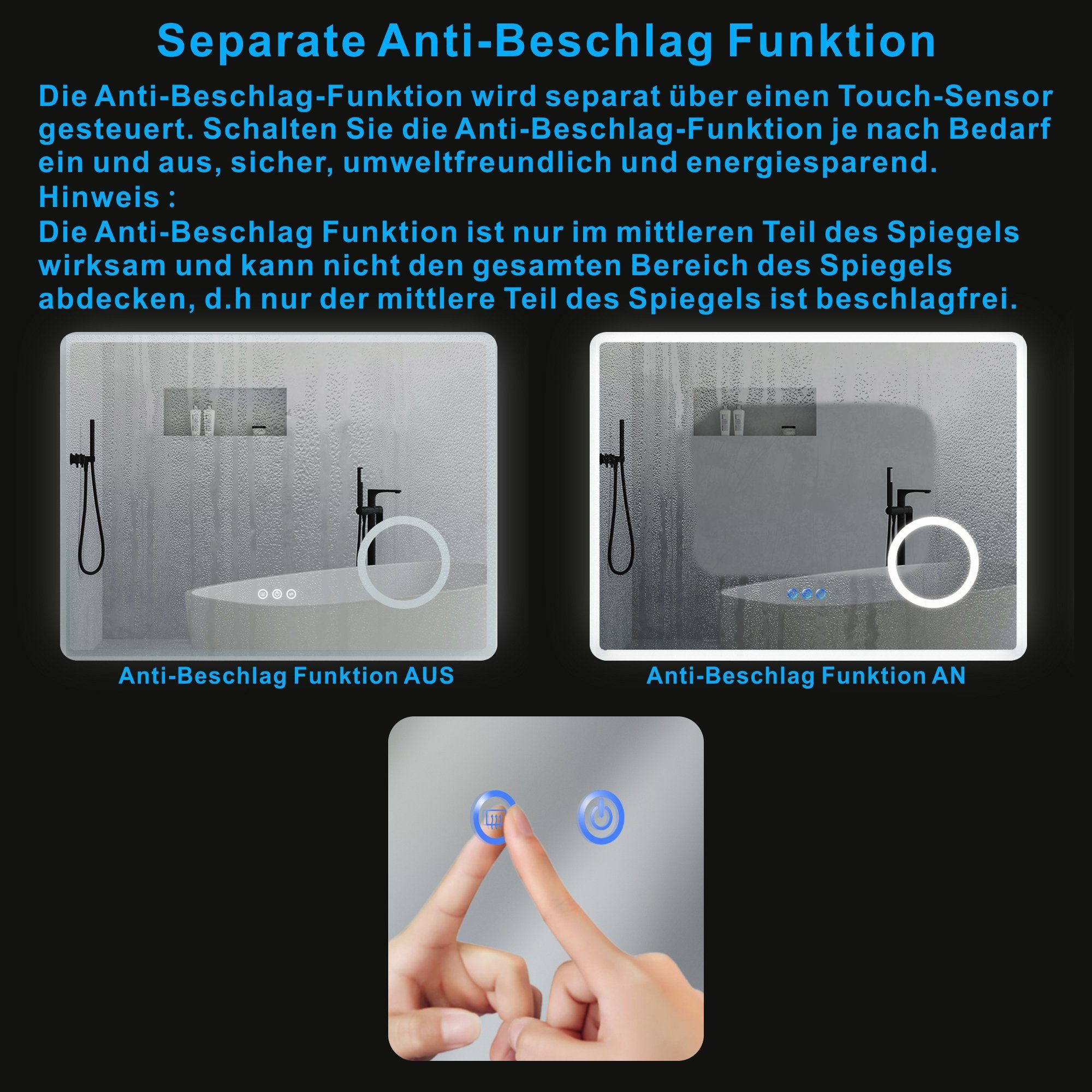 Zwei Spiegel mit unterschiedlichem Beschlagzustand und eine Hand, die einen Knopf drückt.