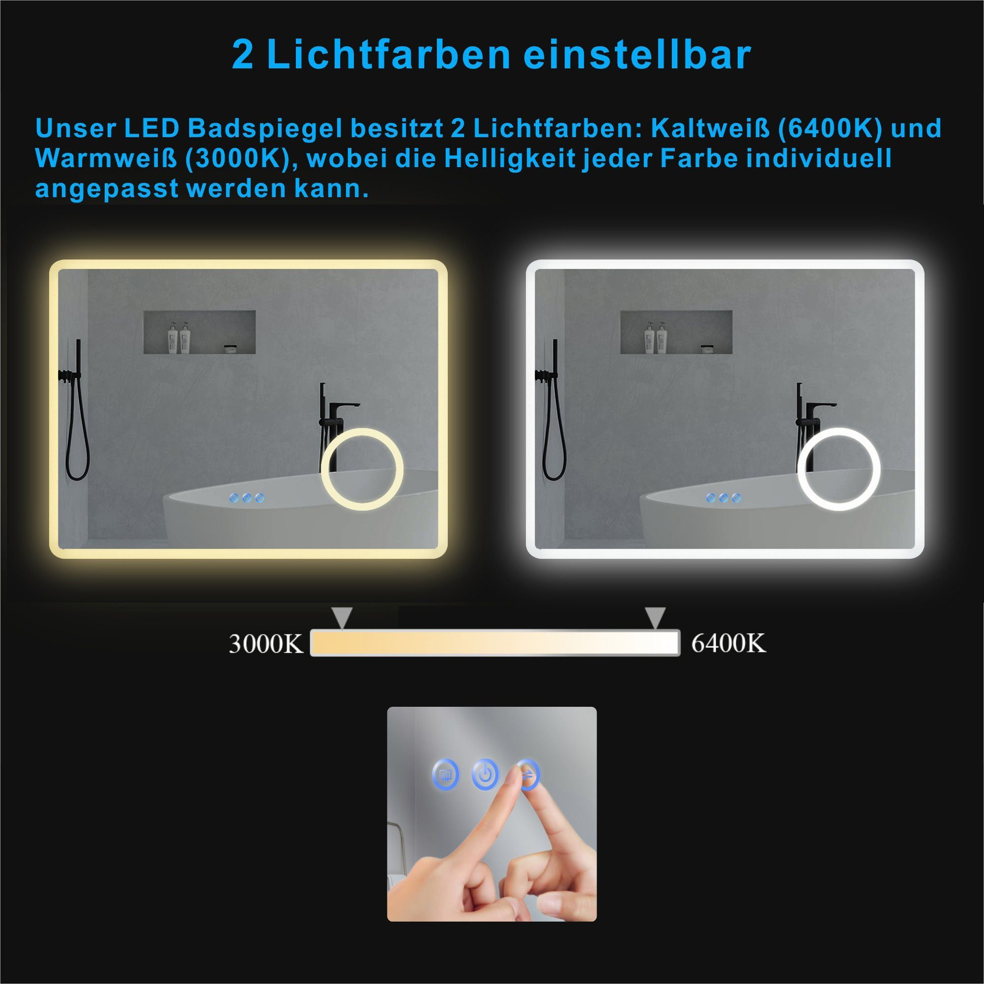 Bild eines Spiegels mit zwei Lichteinstellungen: warm und kalt, einstellbar über Touch-Tasten.