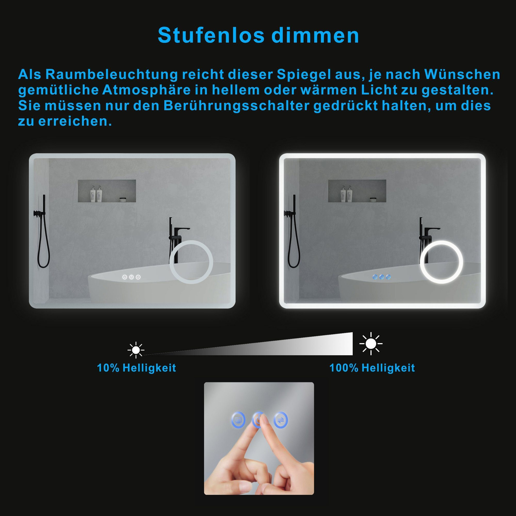Badezimmerspiegel mit Dimmoptionen. Zeigt 10% und 100% Helligkeit.
