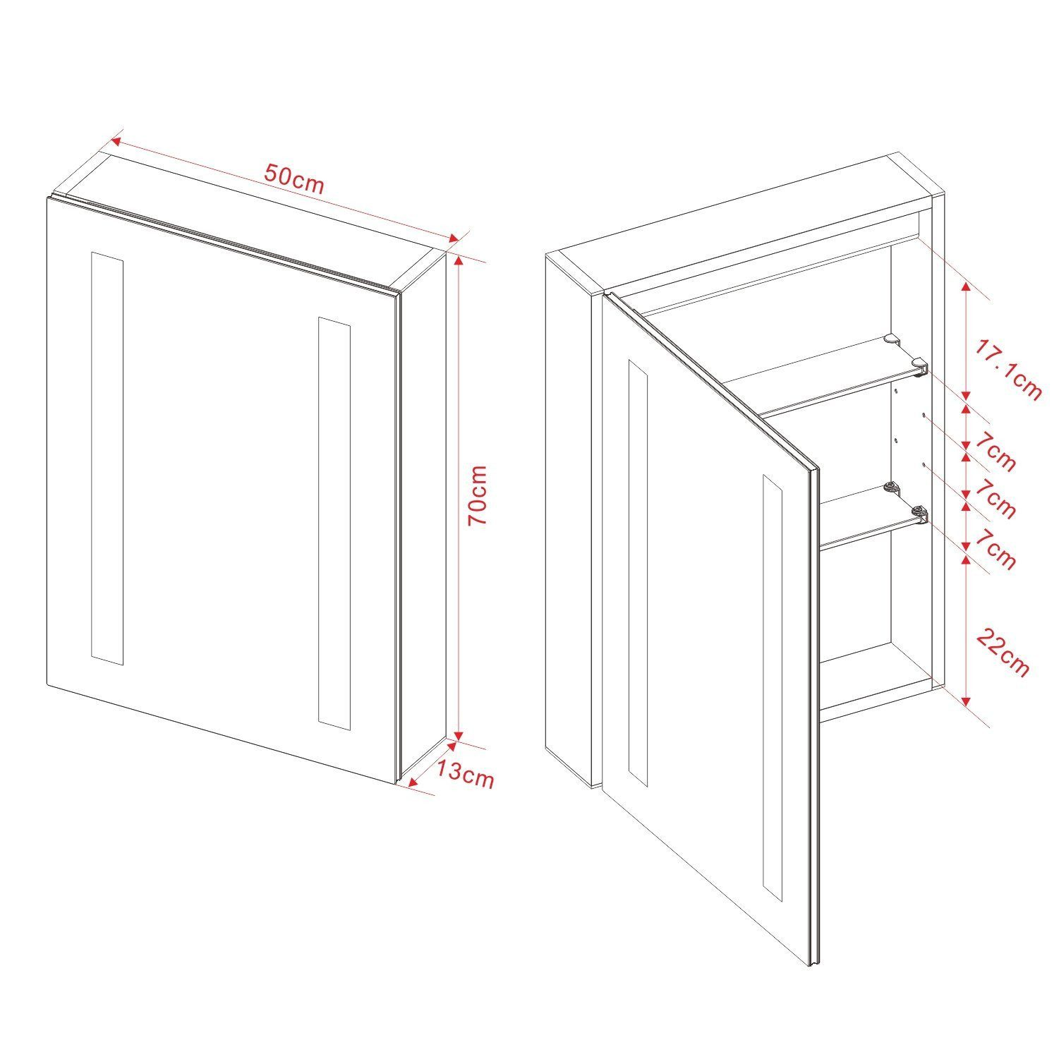 Diagramm eines Spiegelschranks mit Abmessungen.