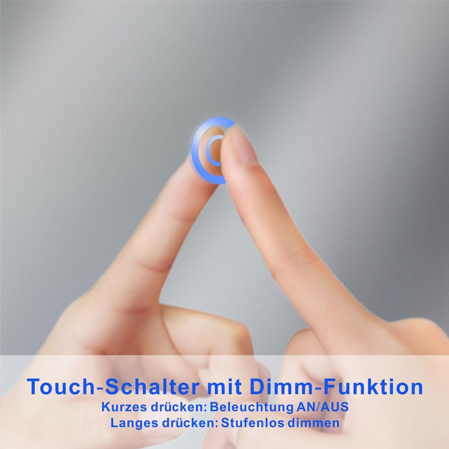Nahaufnahme einer Hand, die einen blau beleuchteten Kreis auf einem Spiegel berührt, Text darunter.
