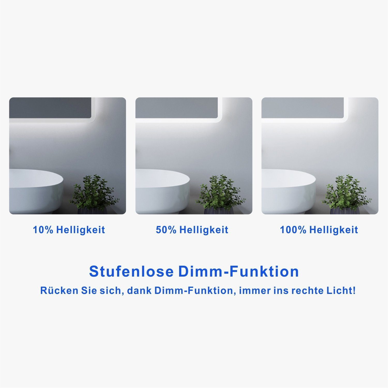 Drei Bilder, die einen Badezimmerspiegel mit unterschiedlichen Lichtstärken zeigen, und Text darunter, der die Funktion beschreibt.