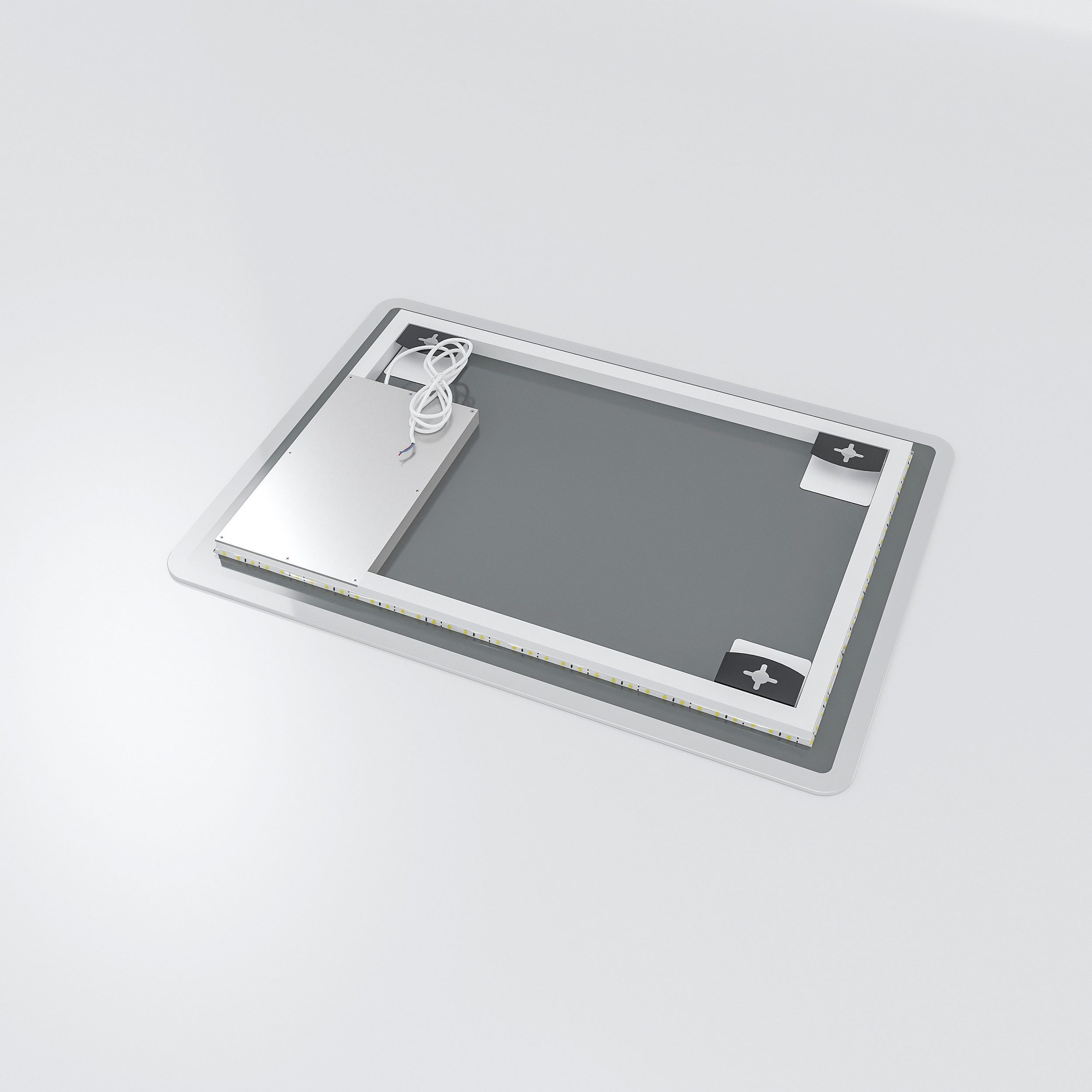 Eine rechteckige elektronische Komponente mit weißem Rand, Drähten und Netzkabel.