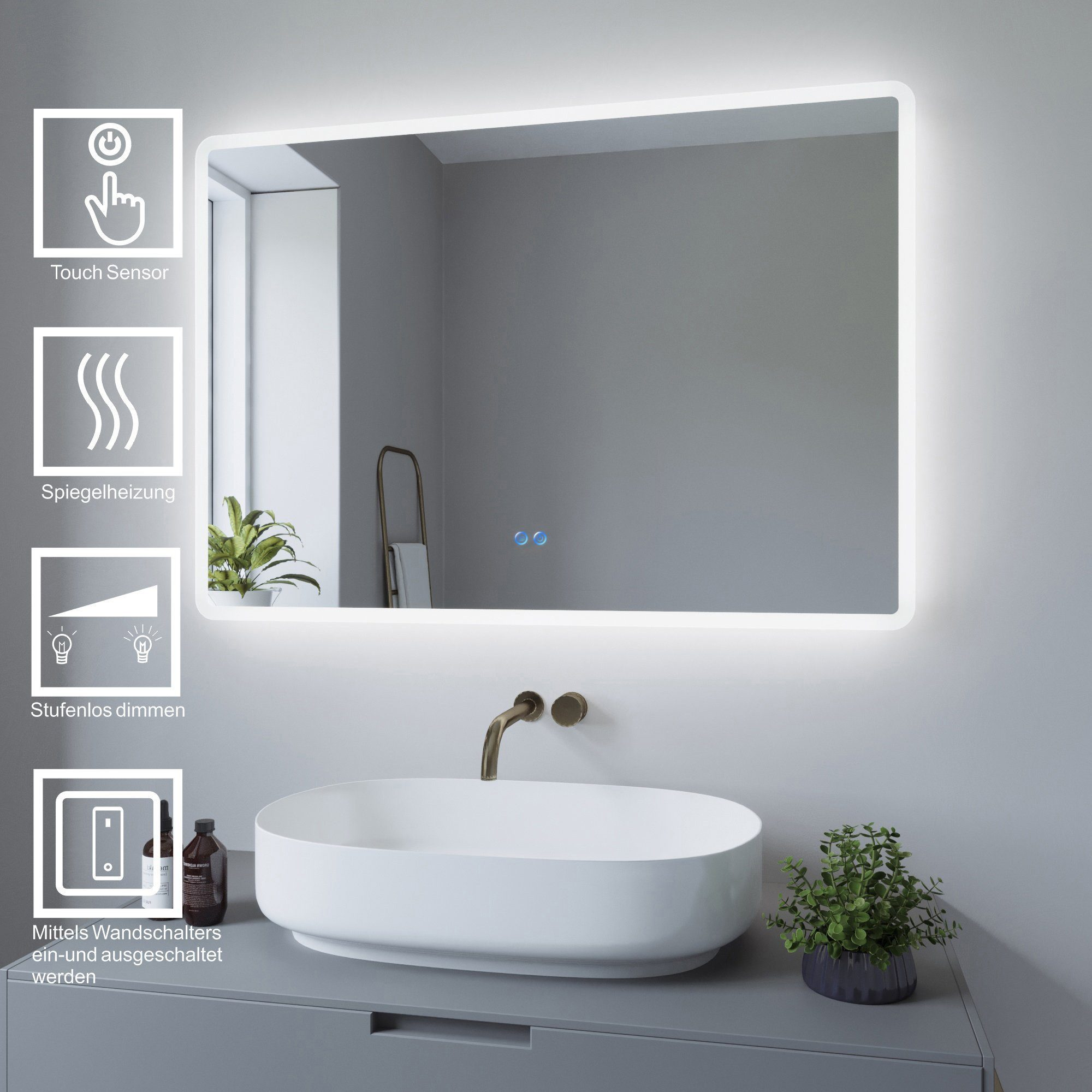 Badezimmerspiegel mit weißem Rahmen und Lichtern. Symbole für Touchsensor, Heizung und Dimmen.