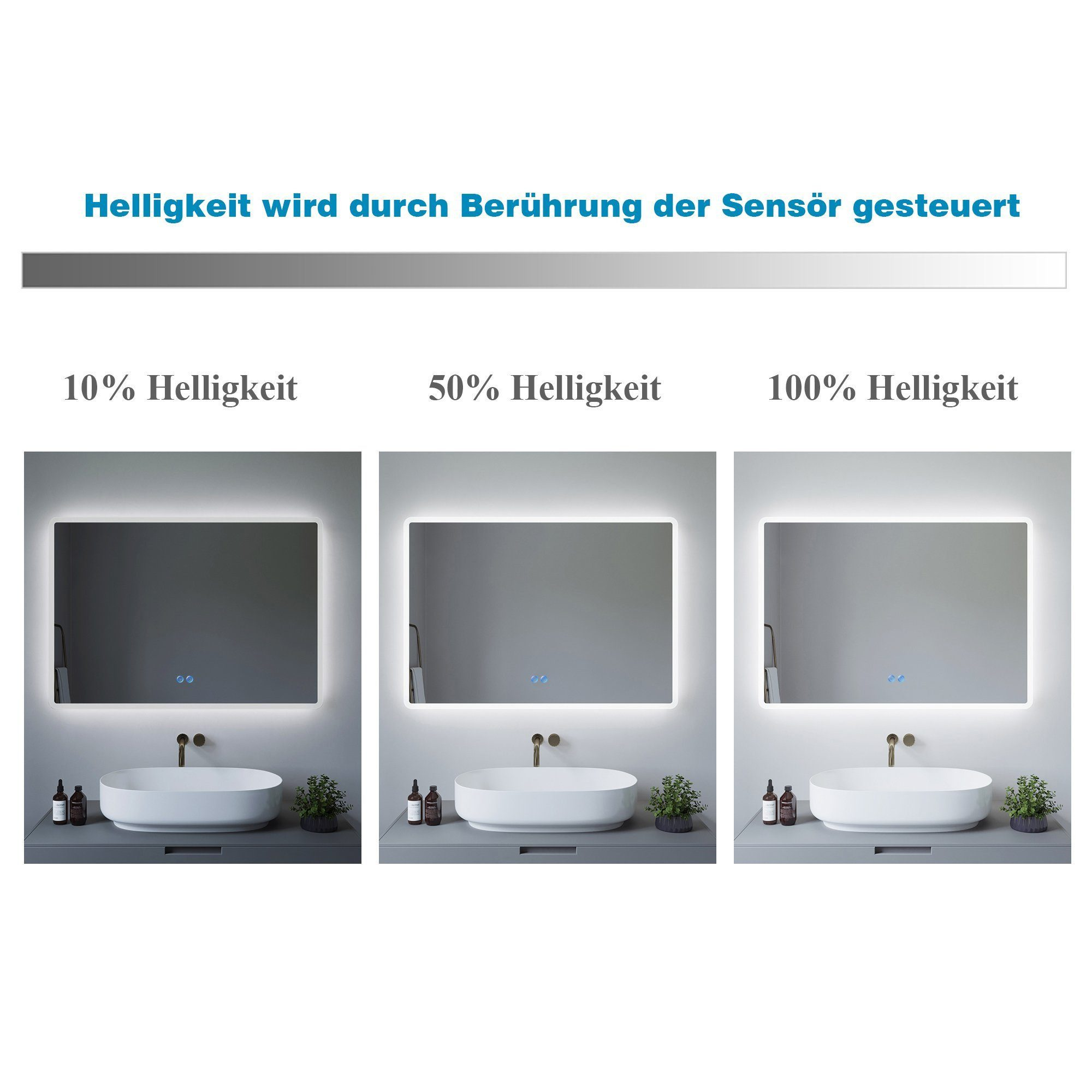 Spiegel mit unterschiedlichen Helligkeitsstufen. 10 %, 50 % und 100 % Helligkeit mit Text.