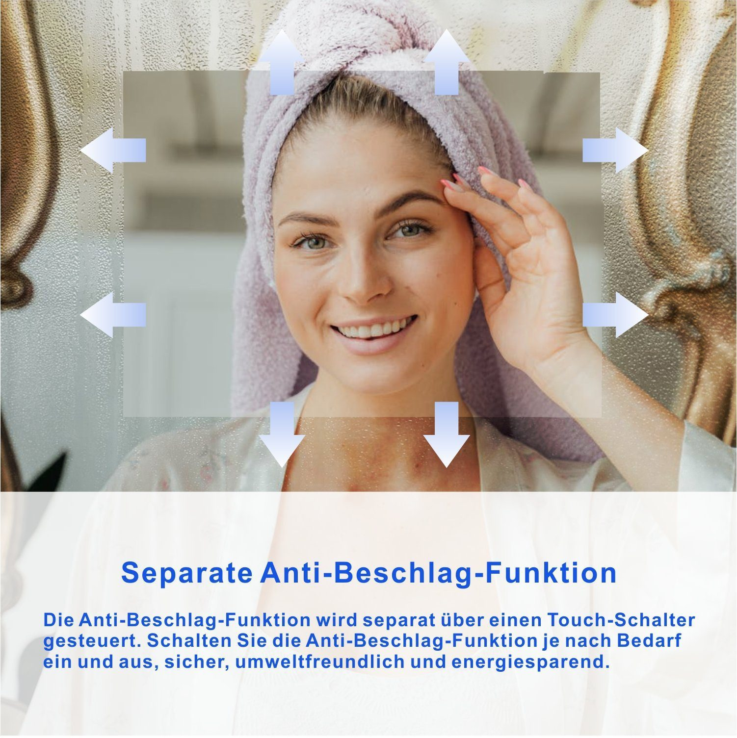 Eine Frau mit Handtuch auf dem Kopf lächelt. Pfeile zeigen eine Antibeschlag-Funktion des Spiegels.