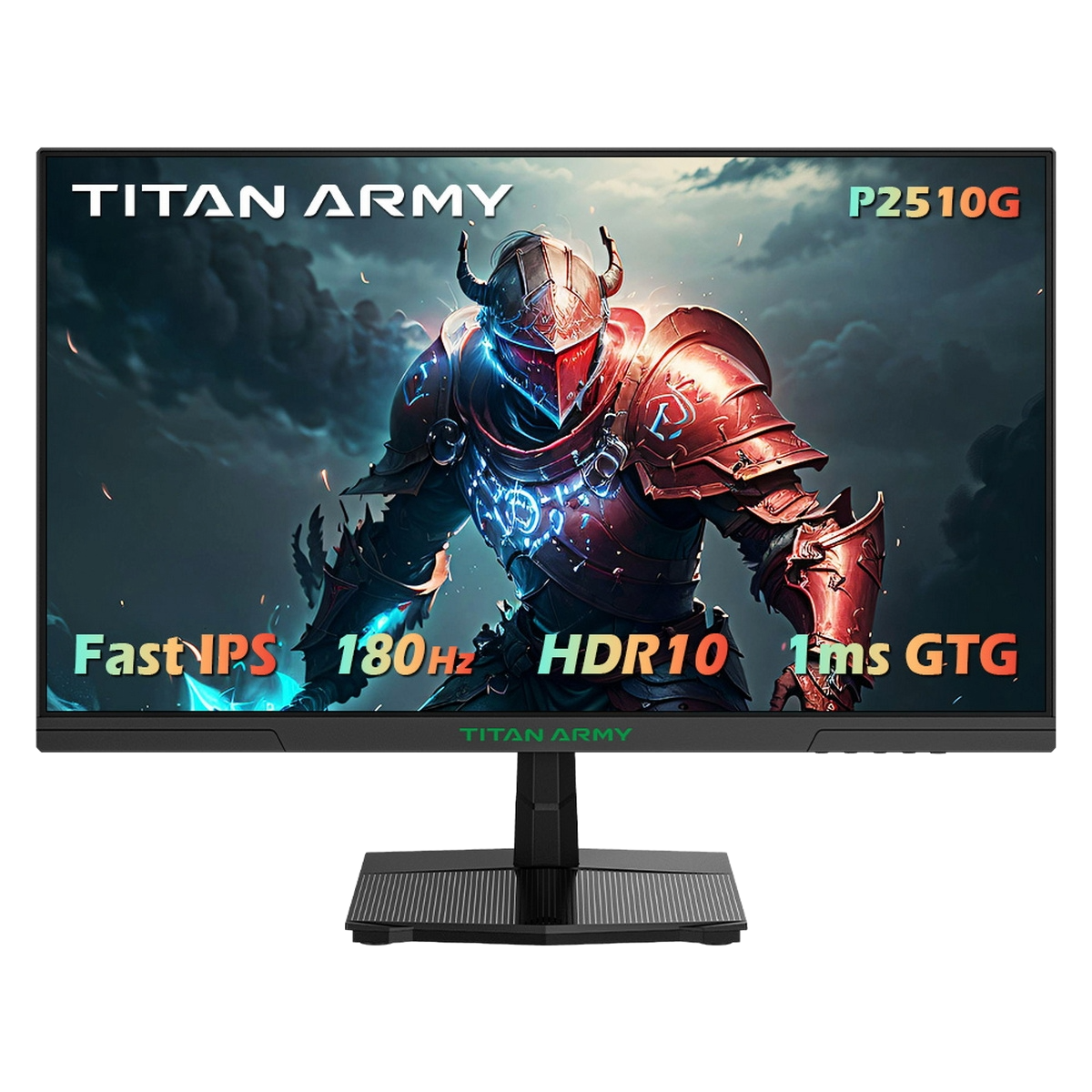 Titan Army Monitor mit Gaming-Szene. Schwarzer Ständer. Dunkler Hintergrund.