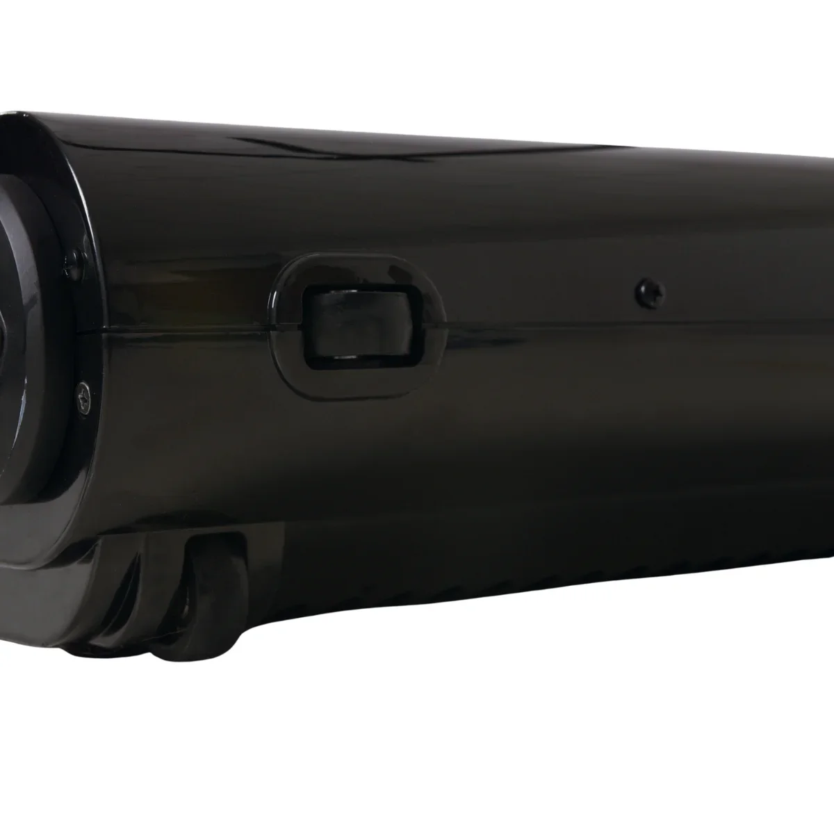Zwarte cilindervormige camera. Hij heeft wielen en een knop aan de zijkant.