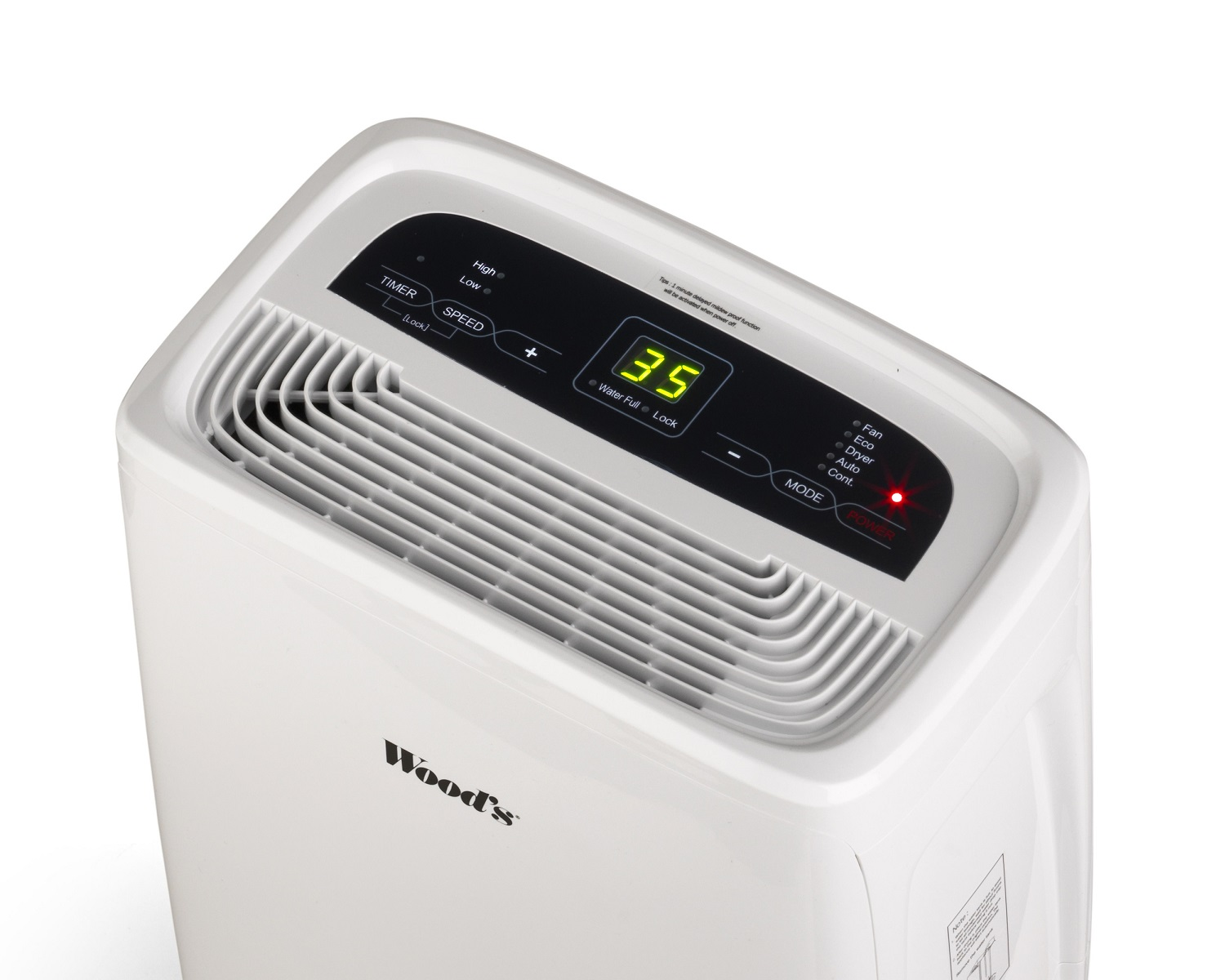 Deumidificatore bianco con display digitale che mostra il livello di riempimento dell'acqua.