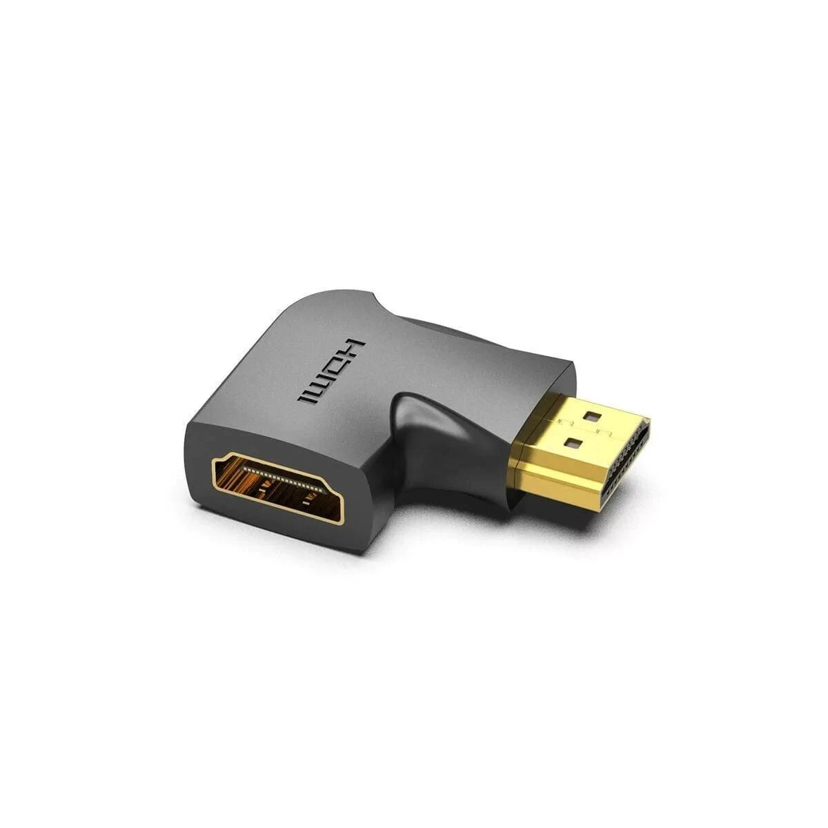 Adattatore HDMI angolato grigio. Connettore HDMI dorato visibile.