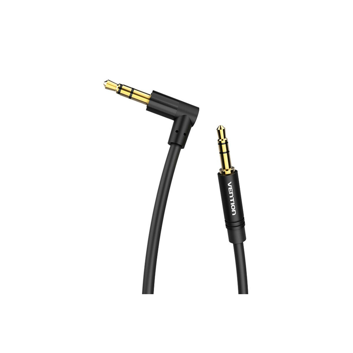 Un cavo audio nero con un connettore da 3,5 mm ad angolo retto e un connettore da 3,5 mm dritto.