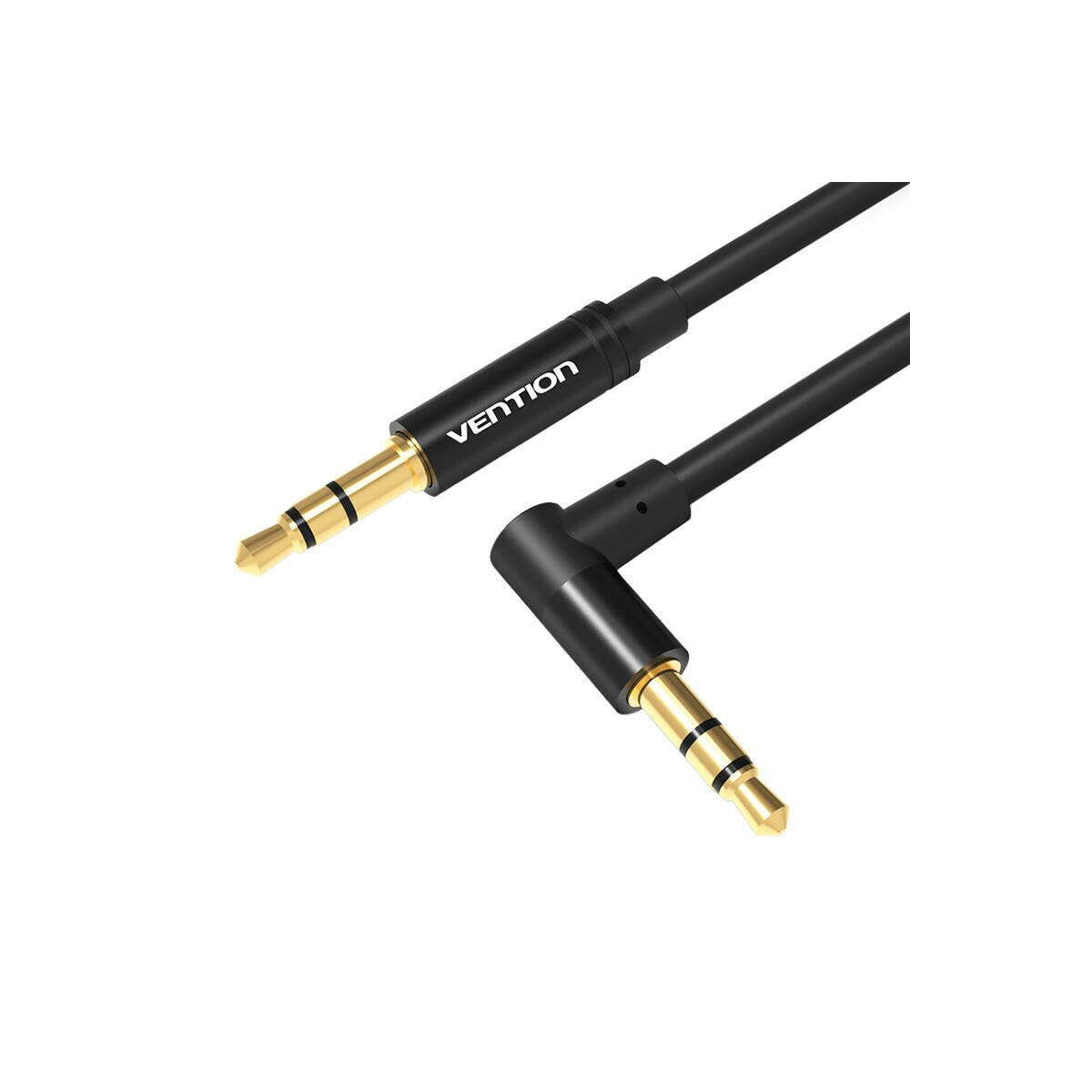 Cavo audio nero con connettori dorati, ad angolo alla fine, su sfondo bianco.