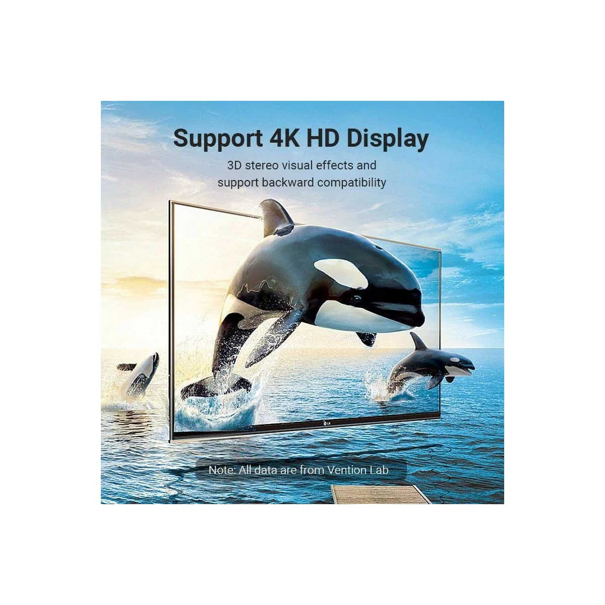 Schermo 4K HD con orche che saltano fuori dall'acqua, con sovrapposizione di testo.