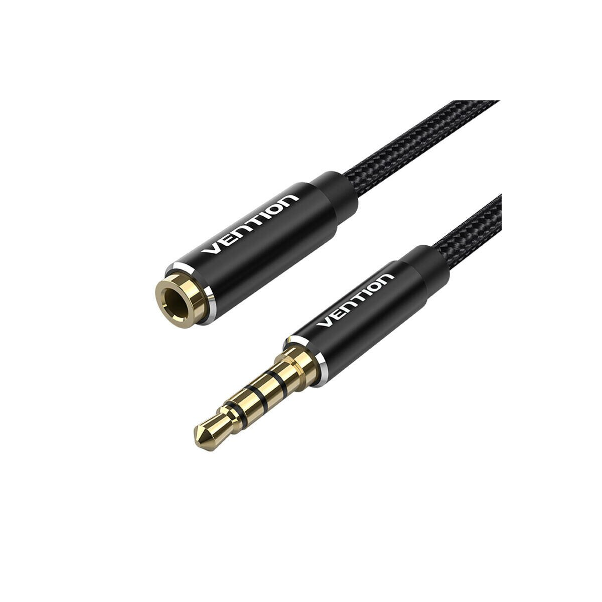 Czarny kabel audio ze złotymi złączami. Widoczne logo Vention. Białe tło. Zbliżenie.