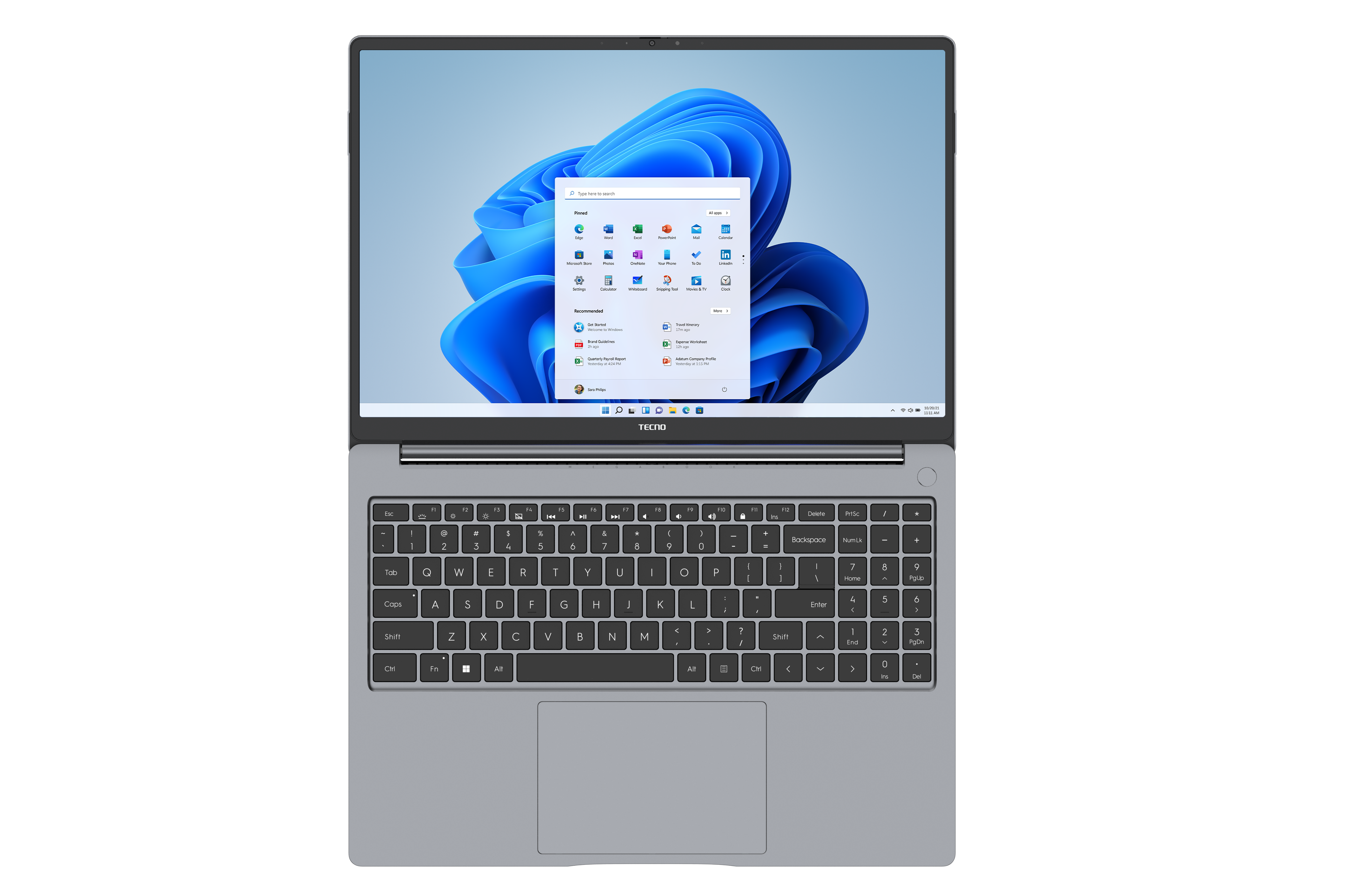 Una computadora portátil abierta, mostrando la interfaz de Windows 11. Está sobre una superficie negra.
