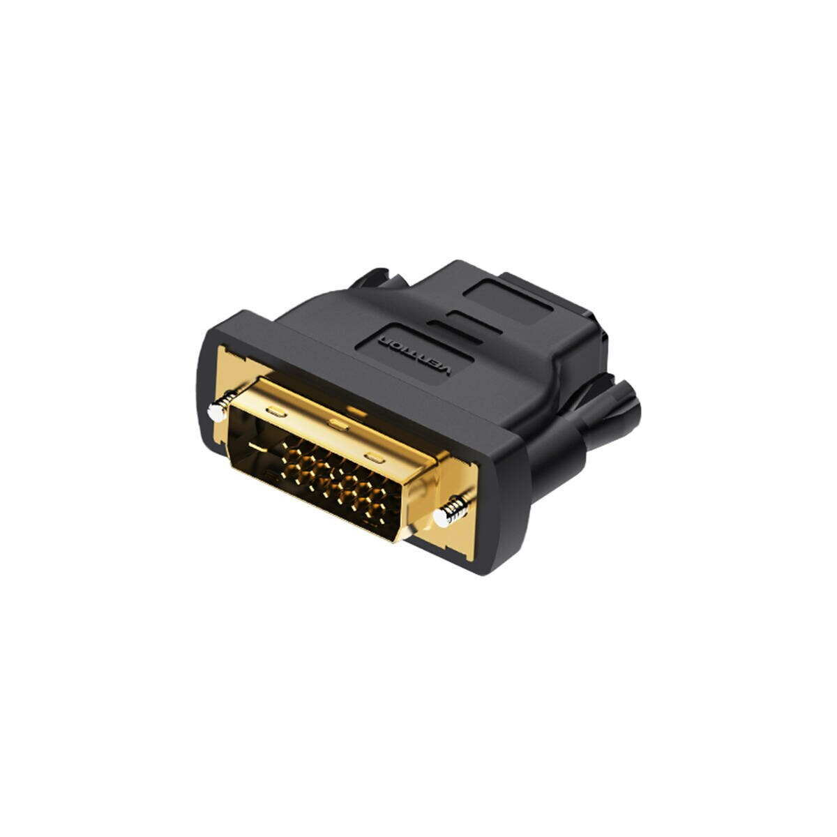 Adattatore DVI nero con connettore dorato su sfondo bianco.