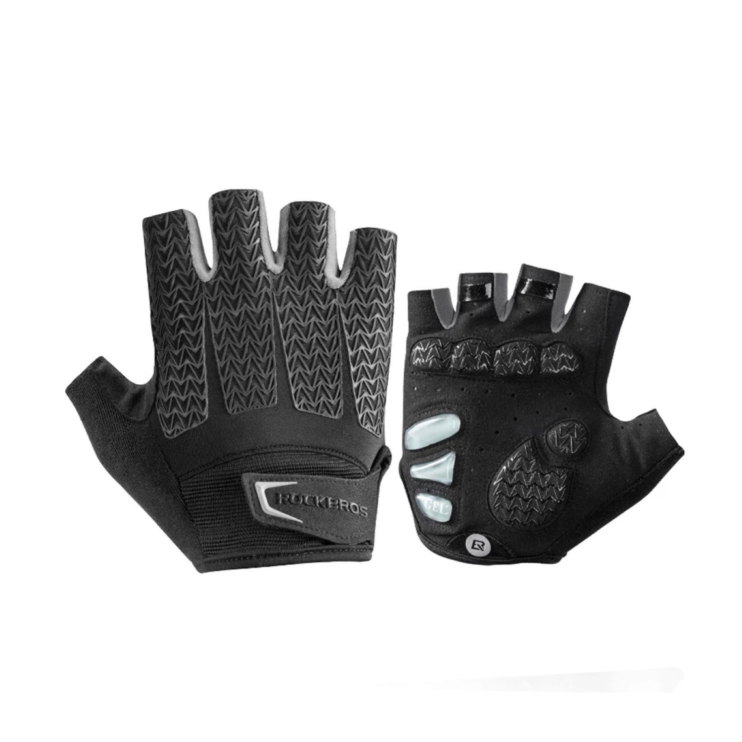Schwarze Fahrradhandschuhe mit Rockbros-Logo. Graue strukturierte Pads auf der Handfläche. Weißer Hintergrund.