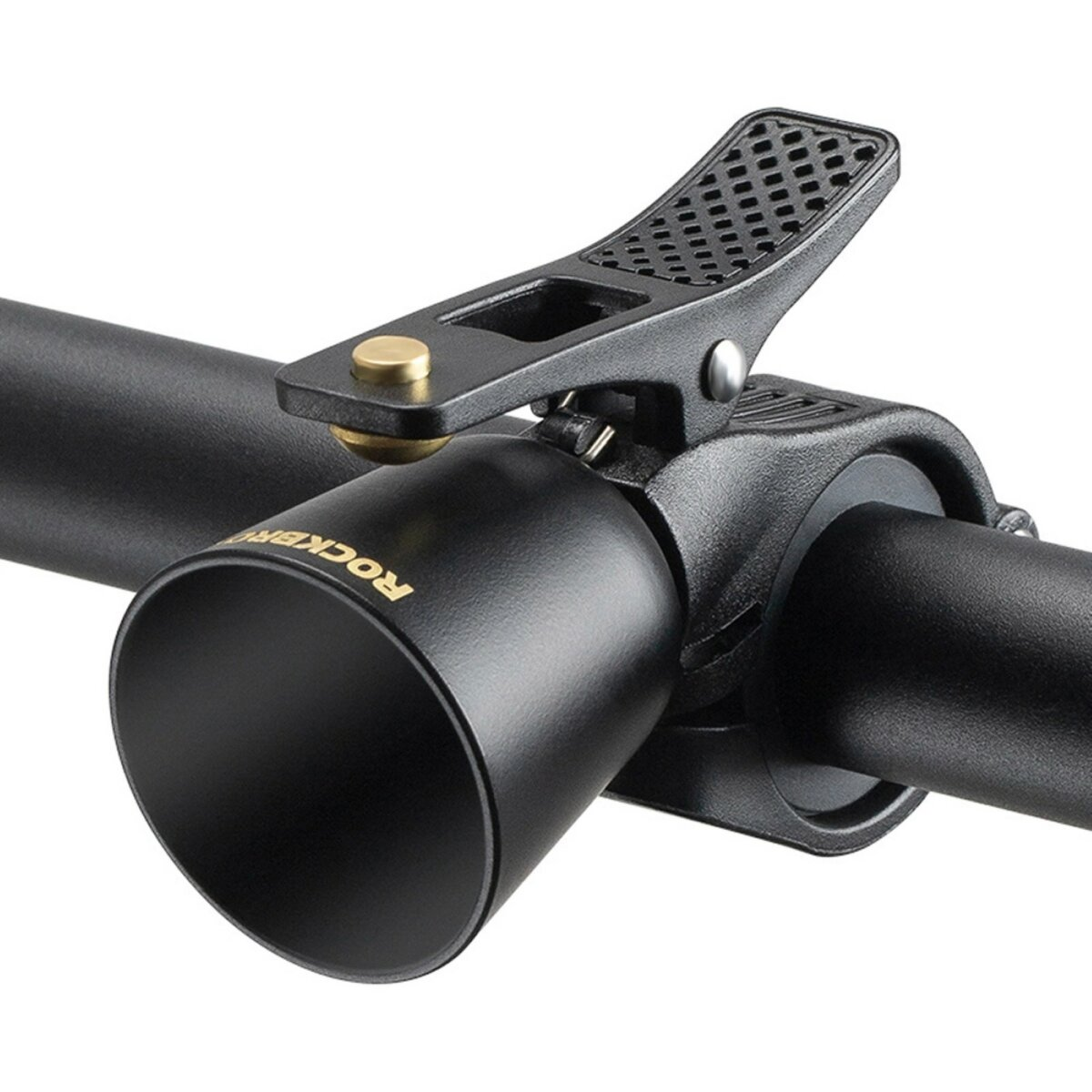 Czarny dodatek do roweru z zaciskiem i cylindrem, złoty akcent, zdjęcie studyjne.