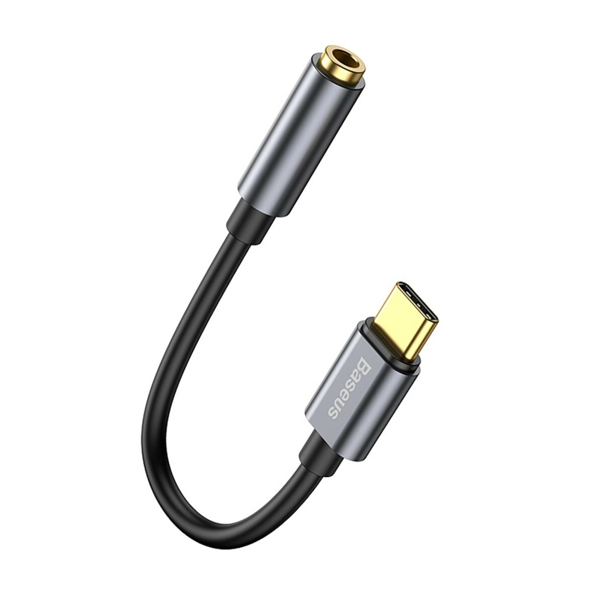 Câble adaptateur noir et gris, un USB-C vers prise jack 3,5 mm de Baseus.