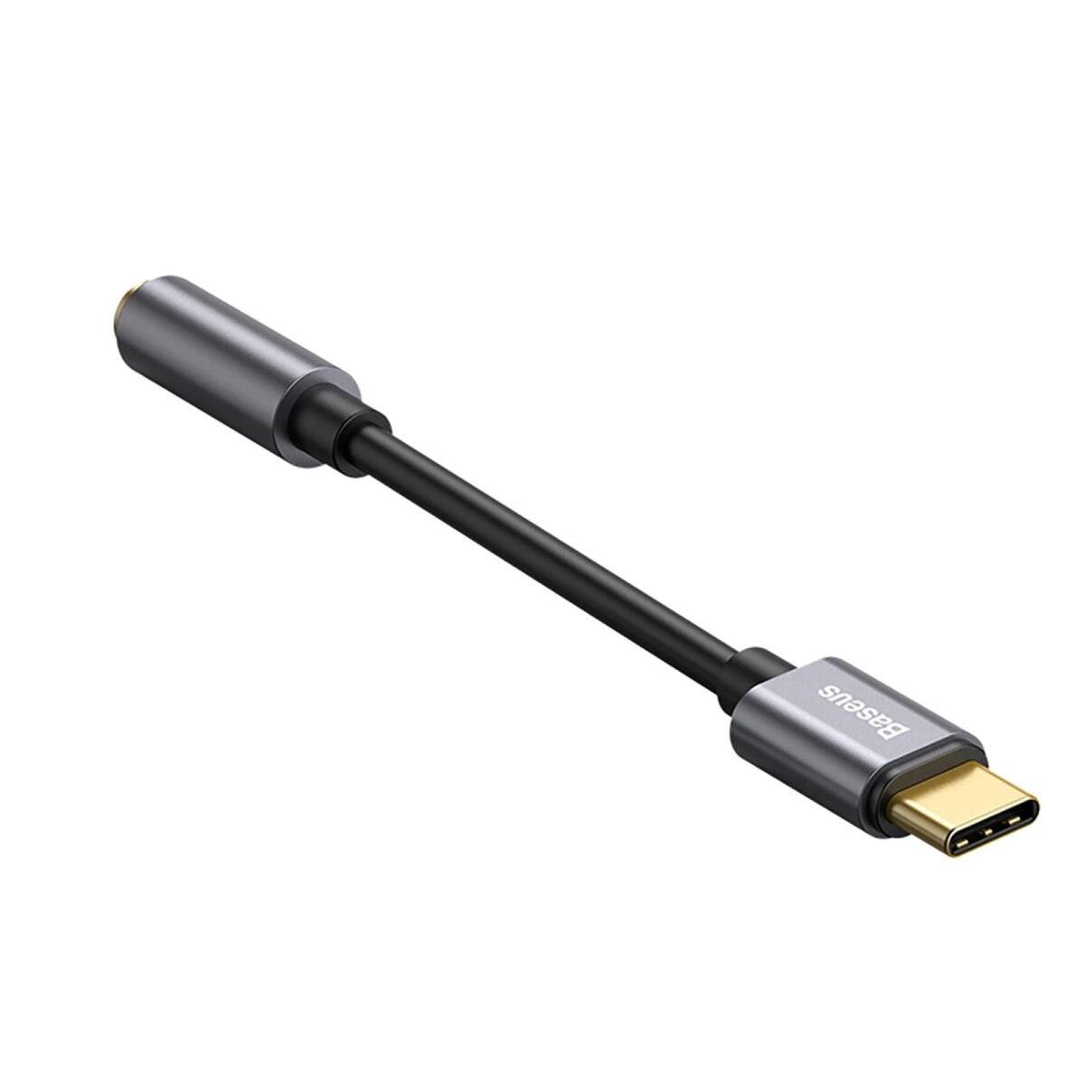 Un câble adaptateur gris avec un connecteur USB-C et une prise jack 3,5 mm, avec le logo Baseus.