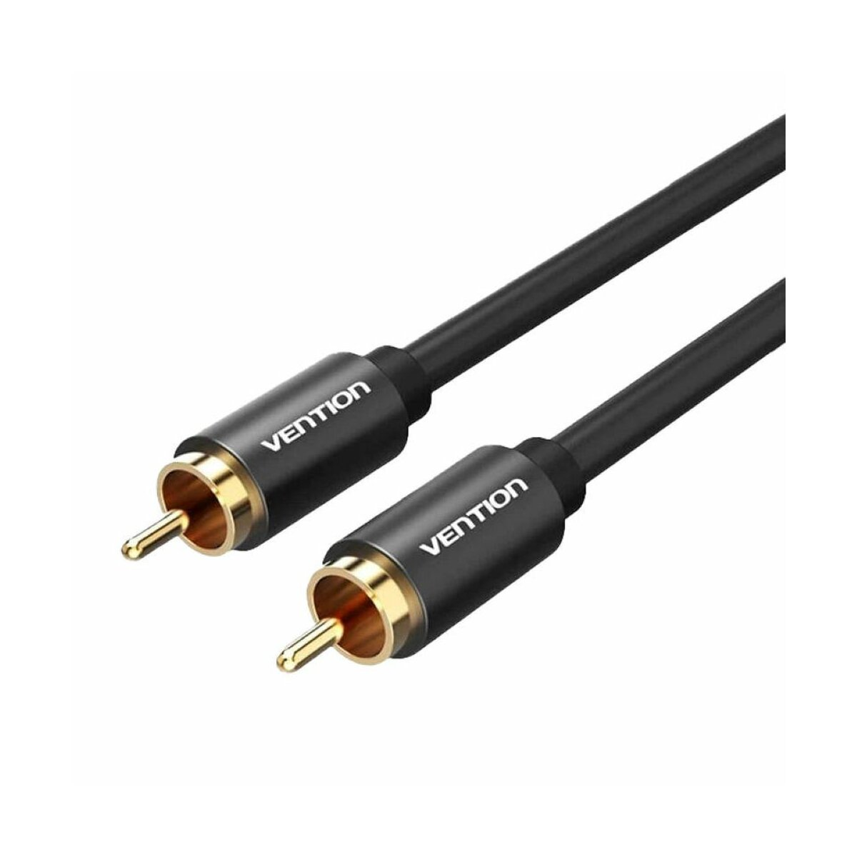Dos cables RCA negros con conectores dorados. Los cables tienen la palabra 'Vention'.