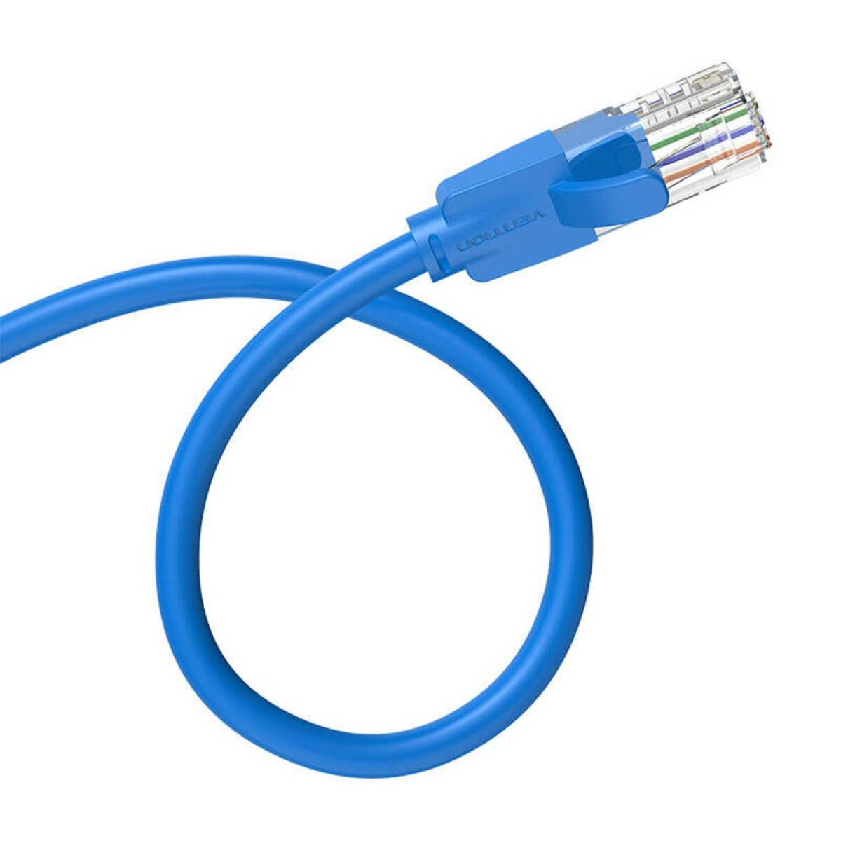 Ein blaues Ethernet-Kabel mit transparentem Stecker. Das Kabel hat eine kreisförmige Form.