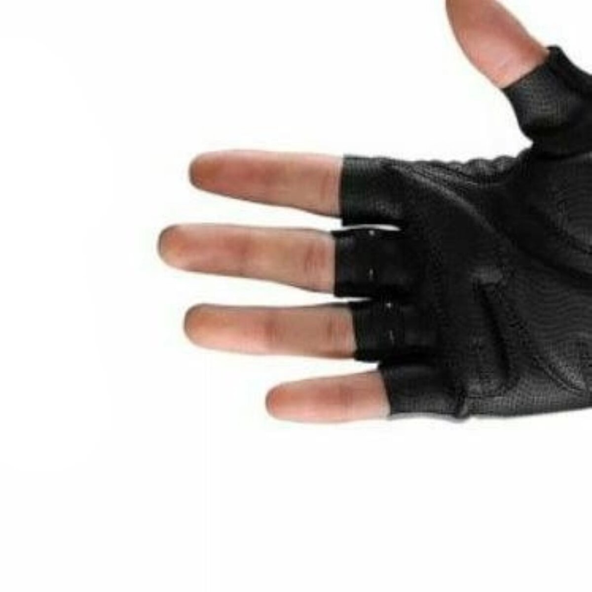 Schwarzer fingerloser Handschuh mit strukturierter Handfläche und weißem Hintergrund. Er hat einen Riemen.
