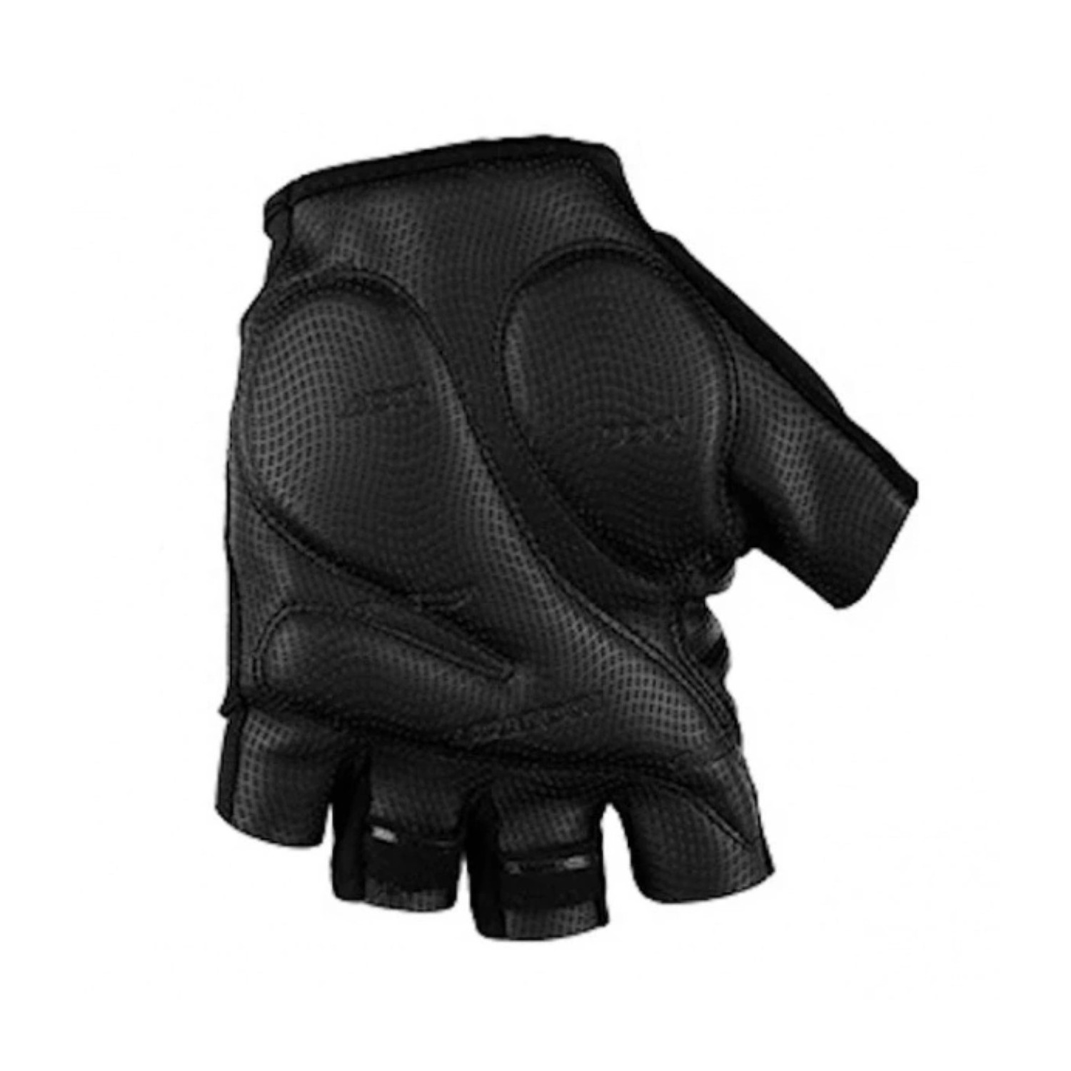 Ein schwarzer, fingerloser Fahrradhandschuh mit perforiertem Leder und Polsterung an der Handfläche und den Knöcheln.