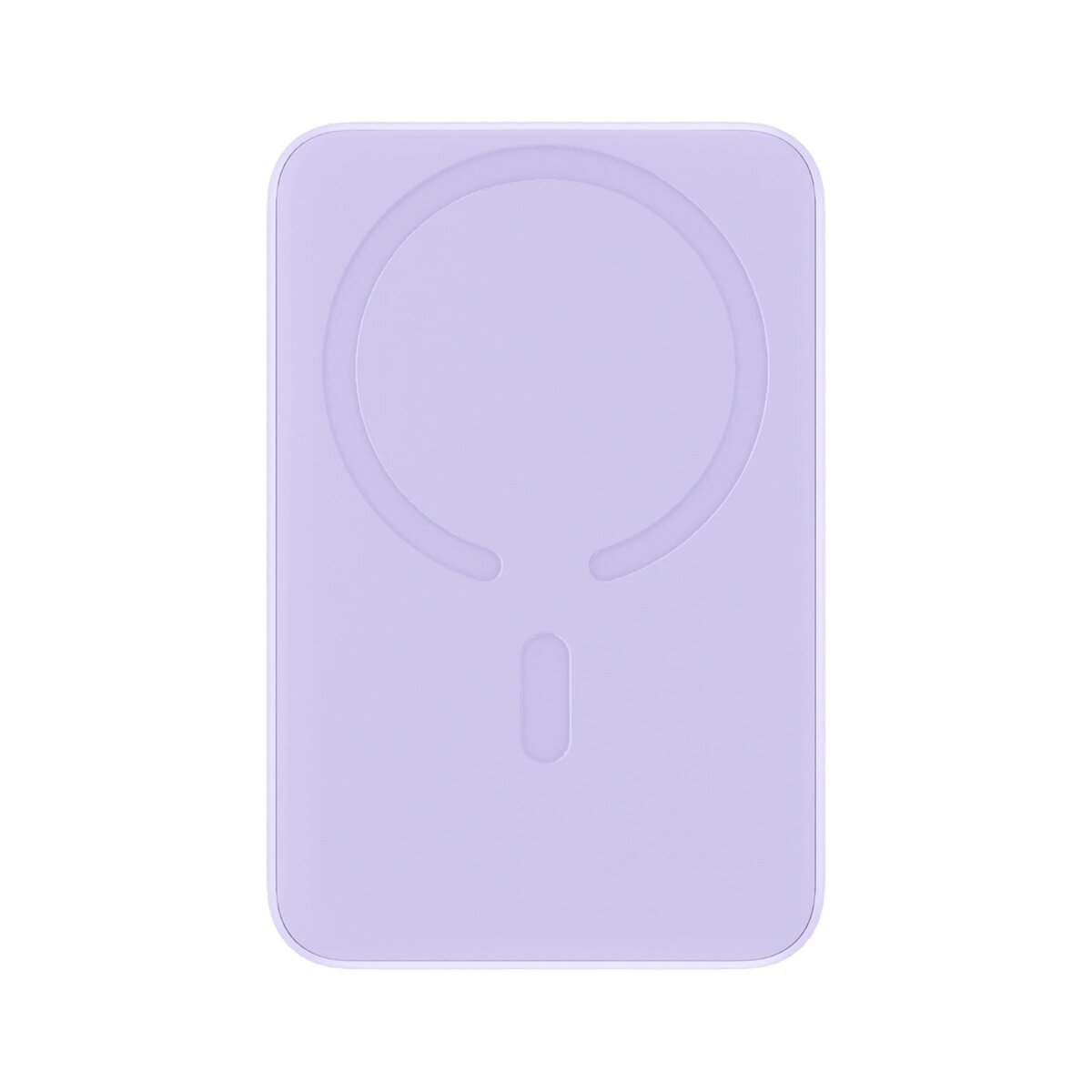 Un caricatore MagSafe viola con un design circolare su sfondo bianco.